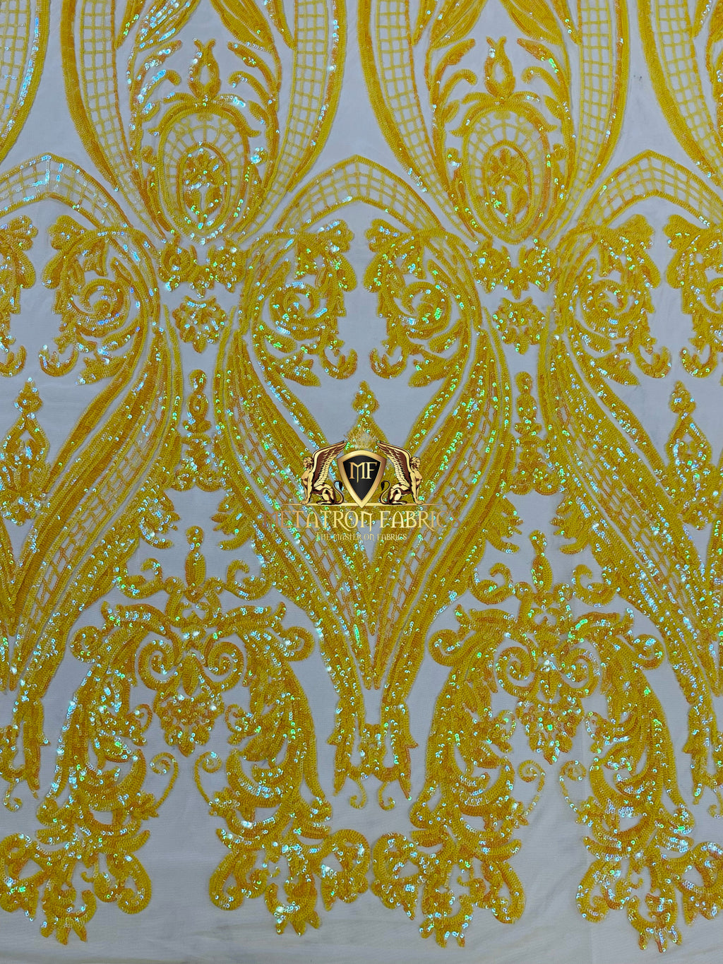 Big Damask Sequins Fabric - Yellow - 4 Way Stretch Damask Sequins Design Fabric By Yard