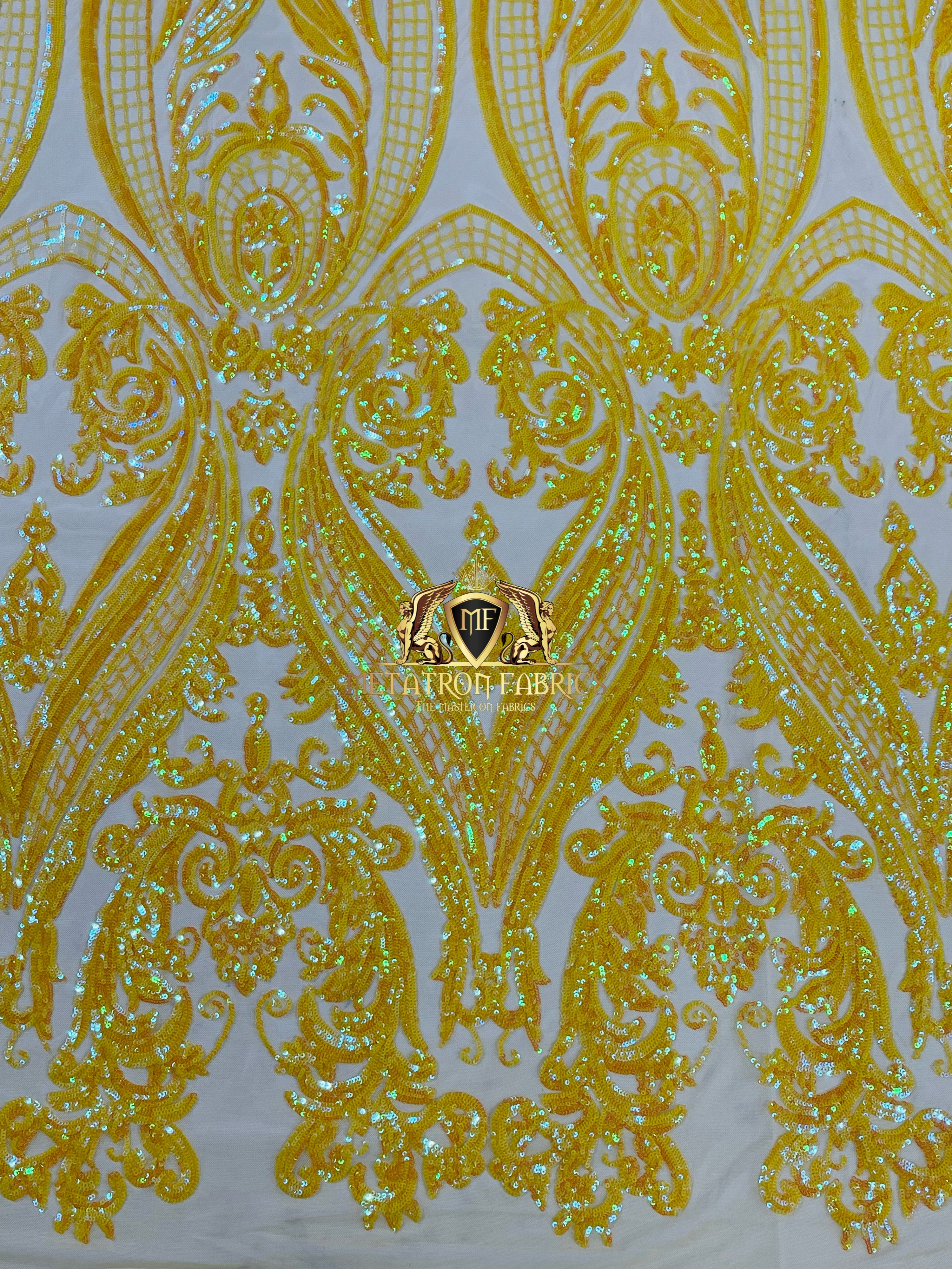 Big Damask Sequins Fabric - Yellow - 4 Way Stretch Damask Sequins Design Fabric By Yard