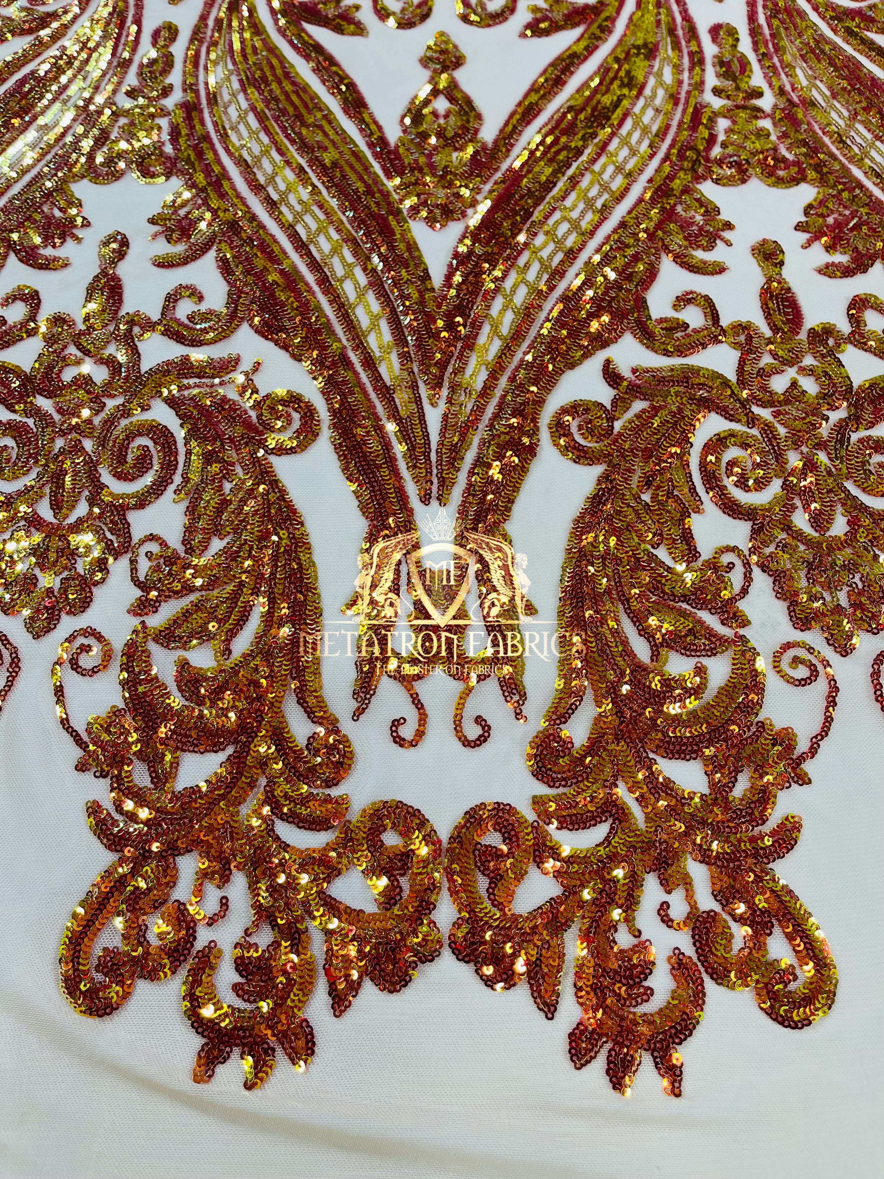 Big Damask Sequins Fabric - Orange Iridescent - 4 Way Stretch Damask Sequins Design Fabric By Yard