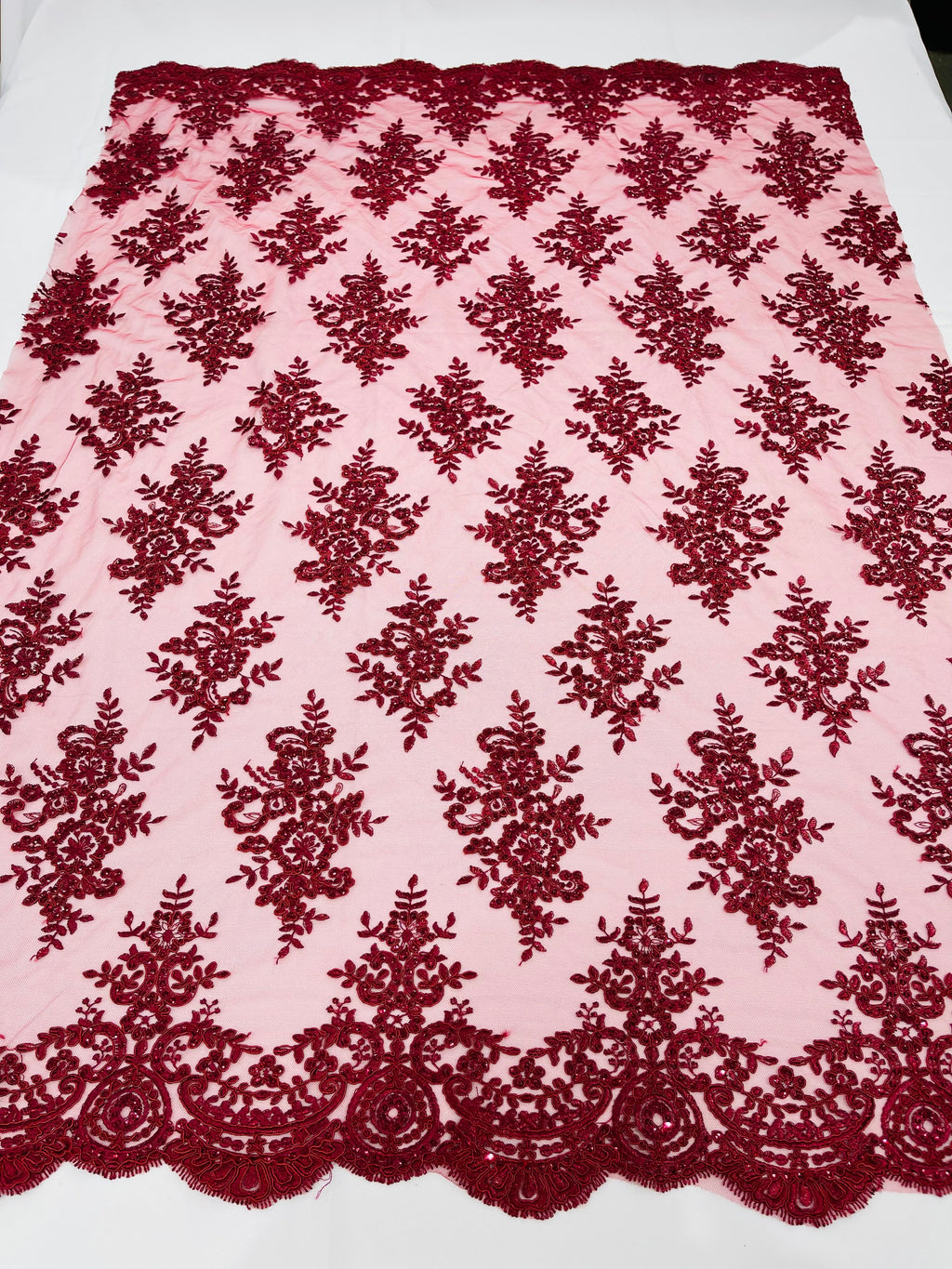 Burgundy Floral Lace Fabric by the yard Corded Flower Embroidery Design With Sequins on a Mesh