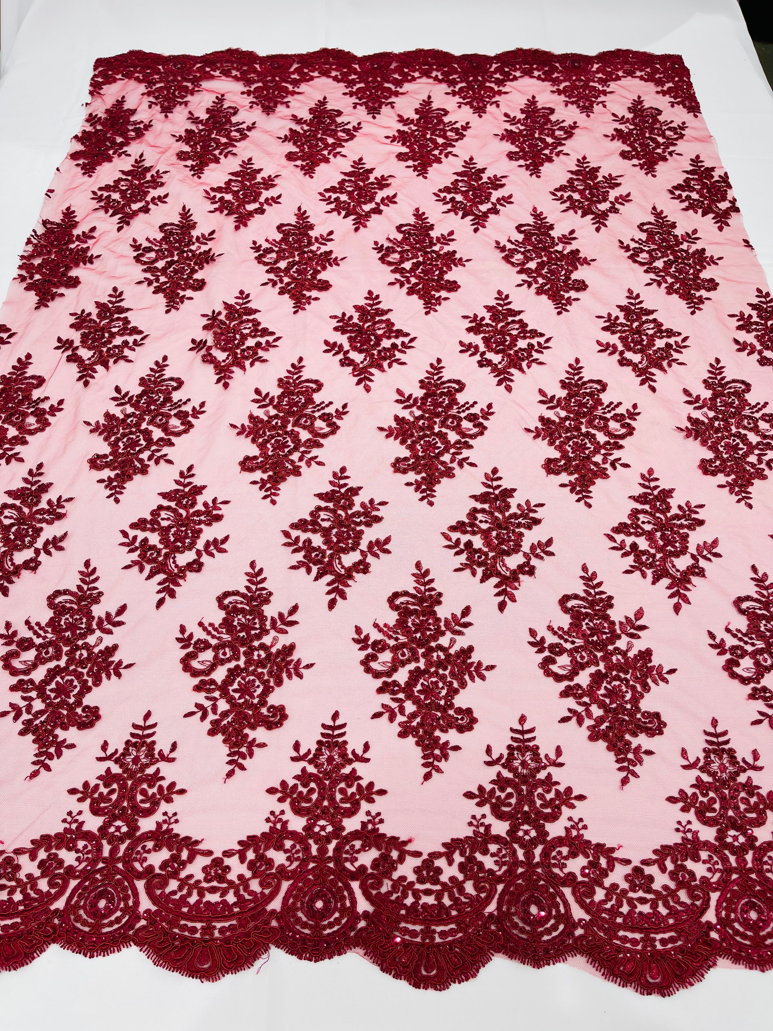 Burgundy Floral Lace Fabric by the yard Corded Flower Embroidery Design With Sequins on a Mesh