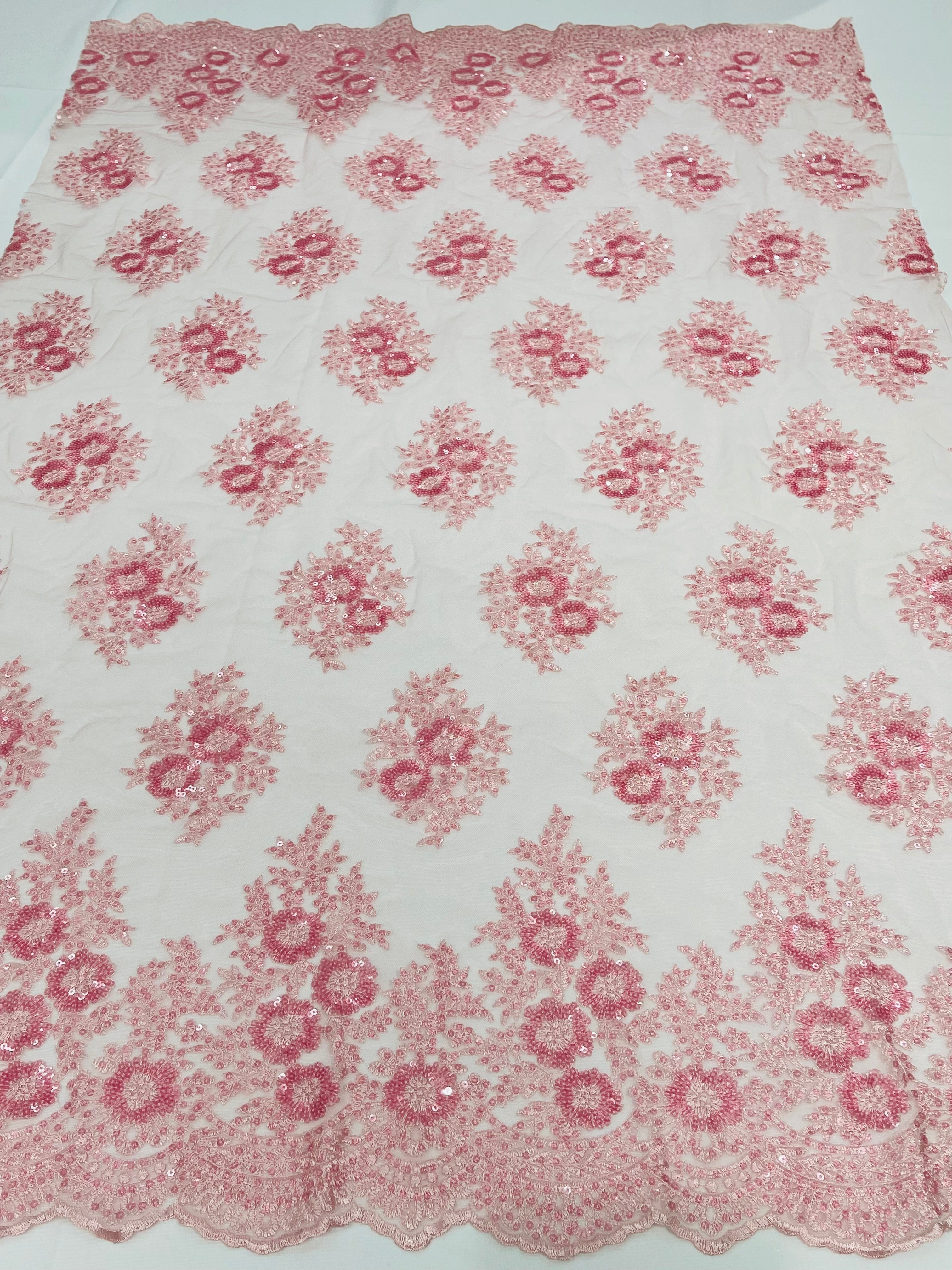 Floral Lace Fabric - Pink - Flower Cluster Embroidery Design With Sequins on a Mesh