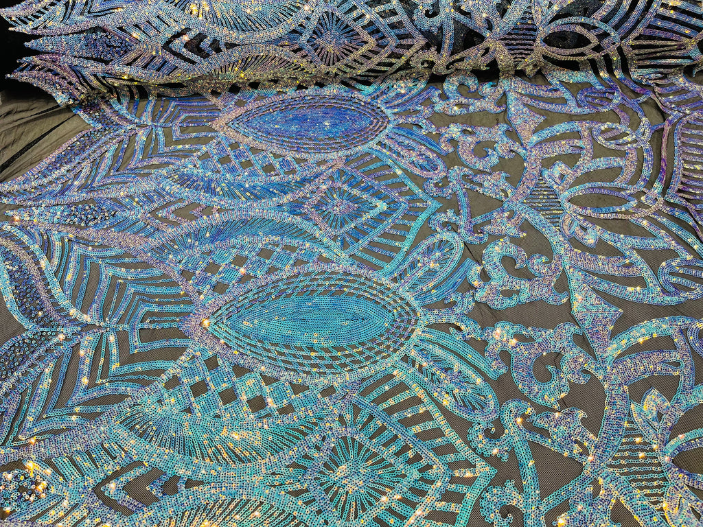 Aqua/Blue Iridescent - 4 Way Stretch Embroidered Royalty Sequins Design Fabric By Yard