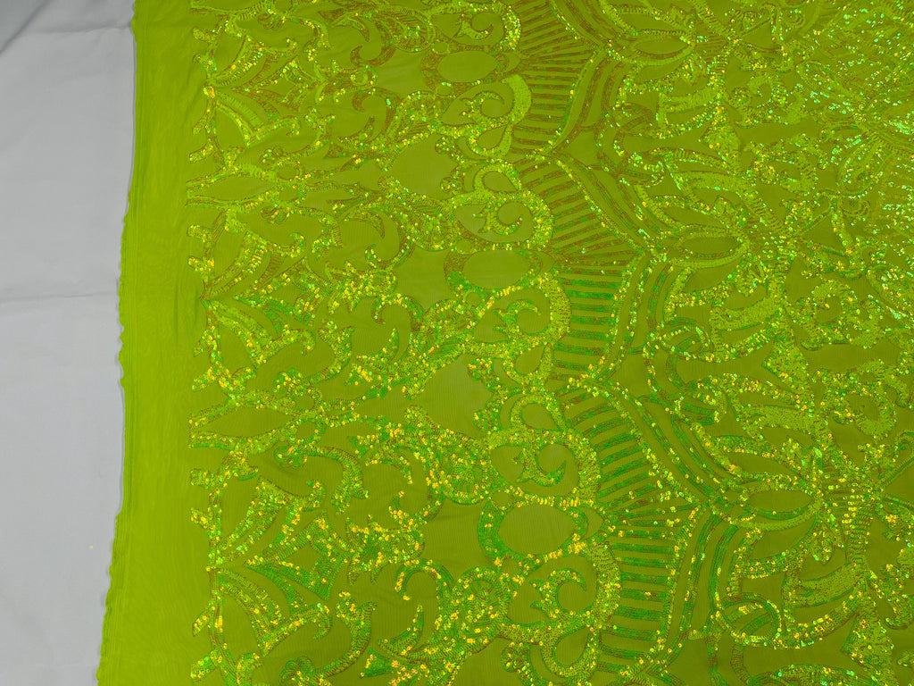Neon Yellow Sequin - 4 Way Stretch Embroidered Royalty Sequins Design Fabric By Yard