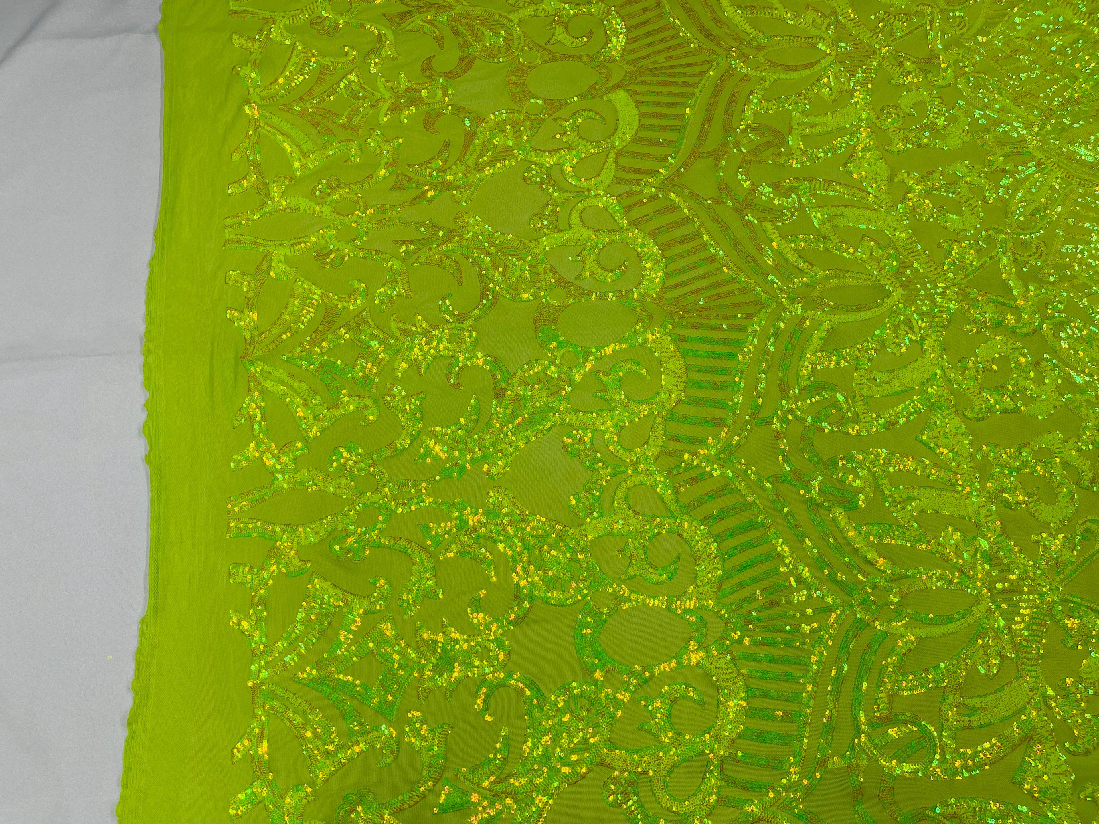 Neon Yellow Sequin - 4 Way Stretch Embroidered Royalty Sequins Design Fabric By Yard