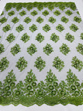 Floral Lace Fabric - Green on Black Mesh - Flower Cluster Embroidery Design With Sequins on a Mesh