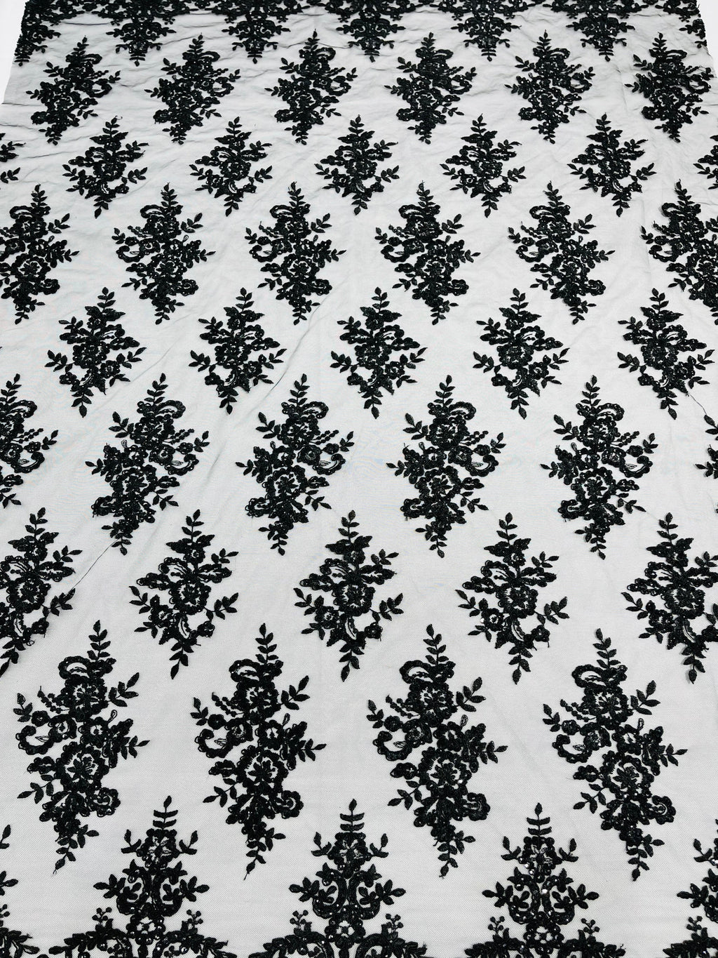 Black Floral Lace Fabric - by the yard - Corded Flower Embroidery Design With Sequins on a Mesh