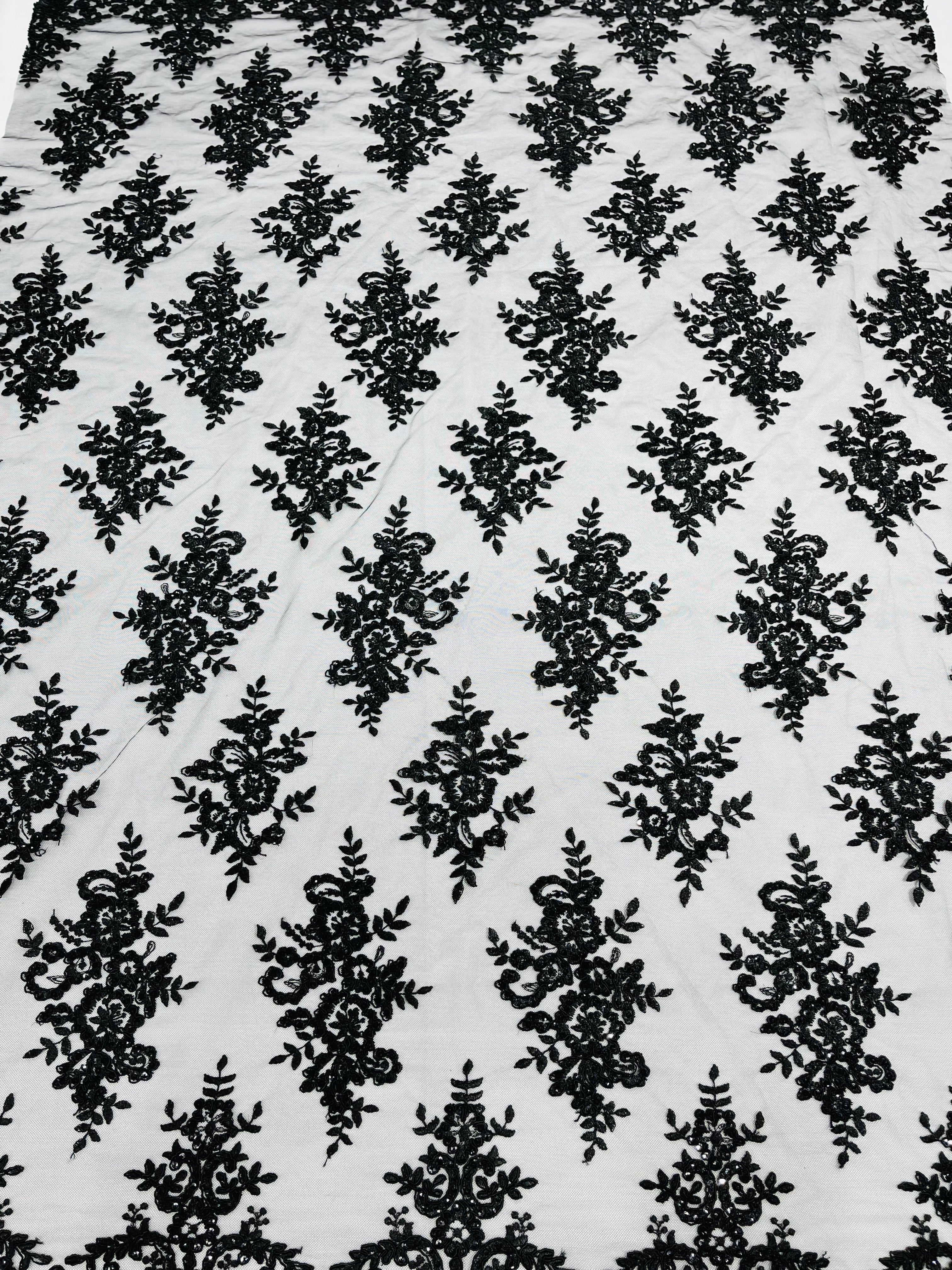 Black Floral Lace Fabric - by the yard - Corded Flower Embroidery Design With Sequins on a Mesh