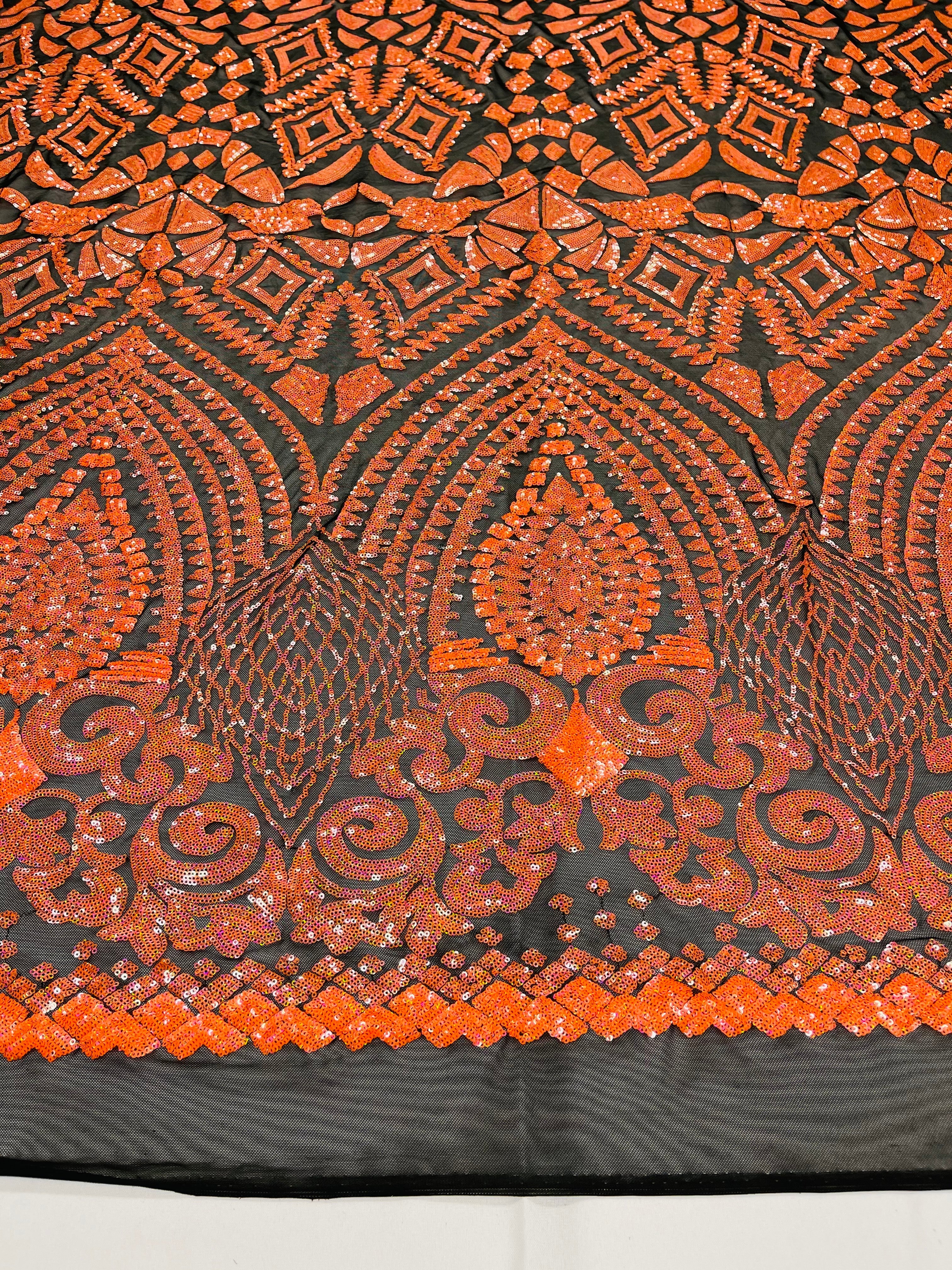Orange Iridescent Sequins Fabric On Black Mesh 4 Way Stretch Geometric Design By The Yard