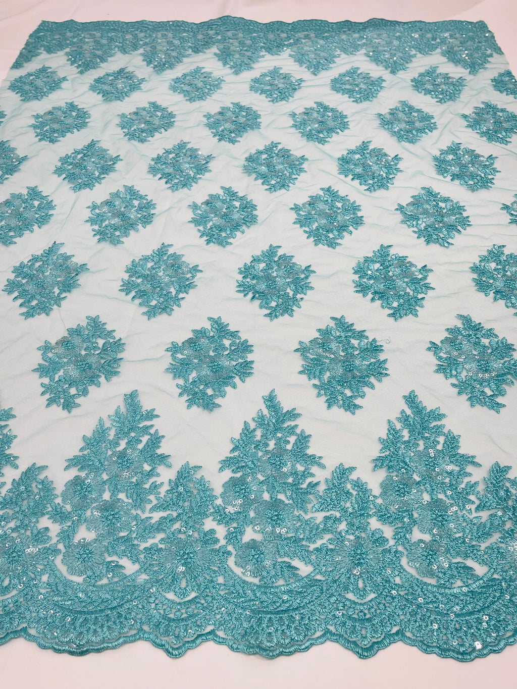 Floral Lace Fabric - Tiffany Blue - Flower Cluster Embroidery Design With Sequins on a Mesh