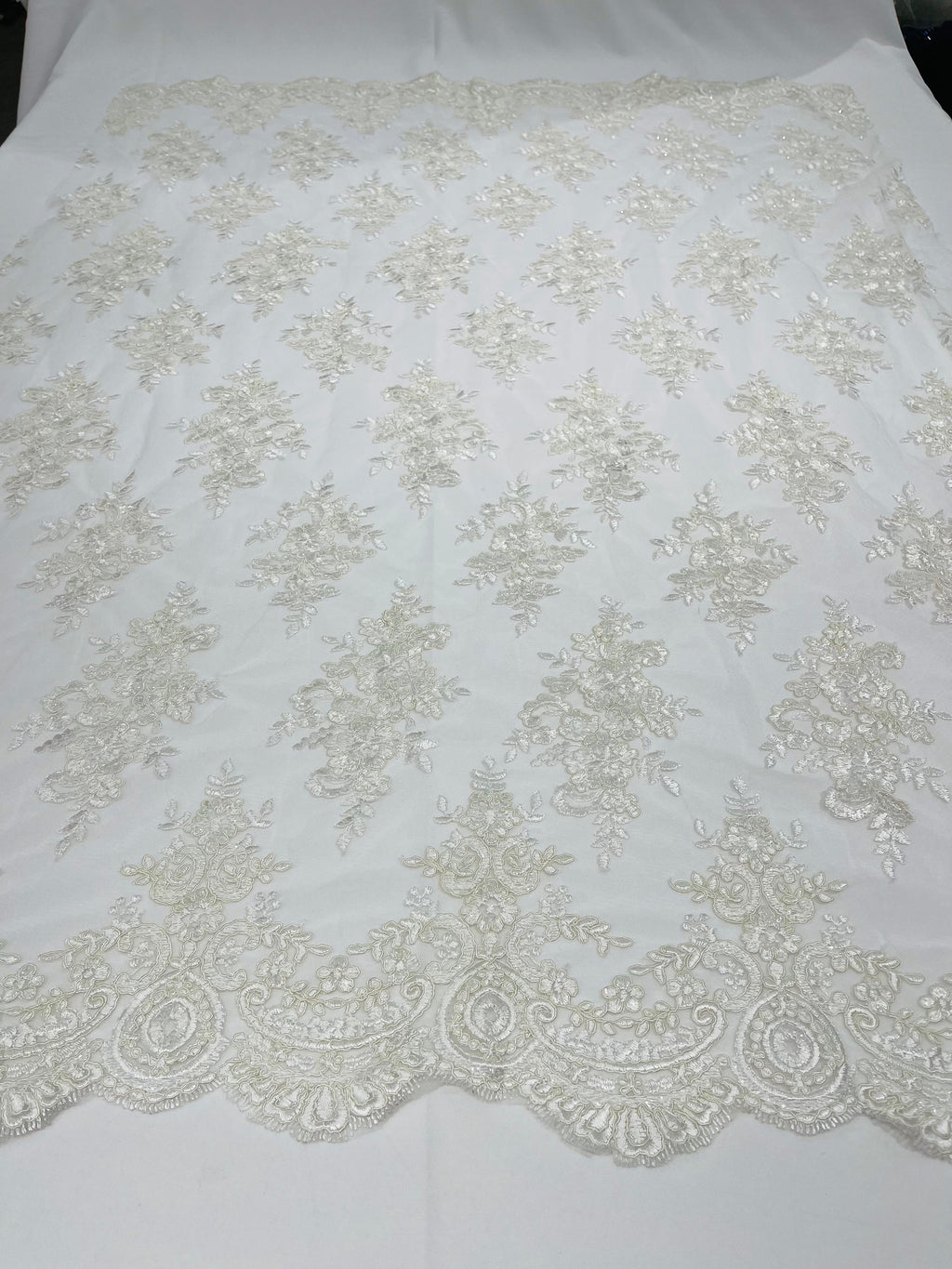 Ivory/off white Floral Lace Fabric by the yard Corded Flower Embroidery Design With Sequins on a Mesh