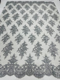 Silver Floral Lace Fabric by the yard Corded Flower Embroidery Design With Sequins on a Mesh