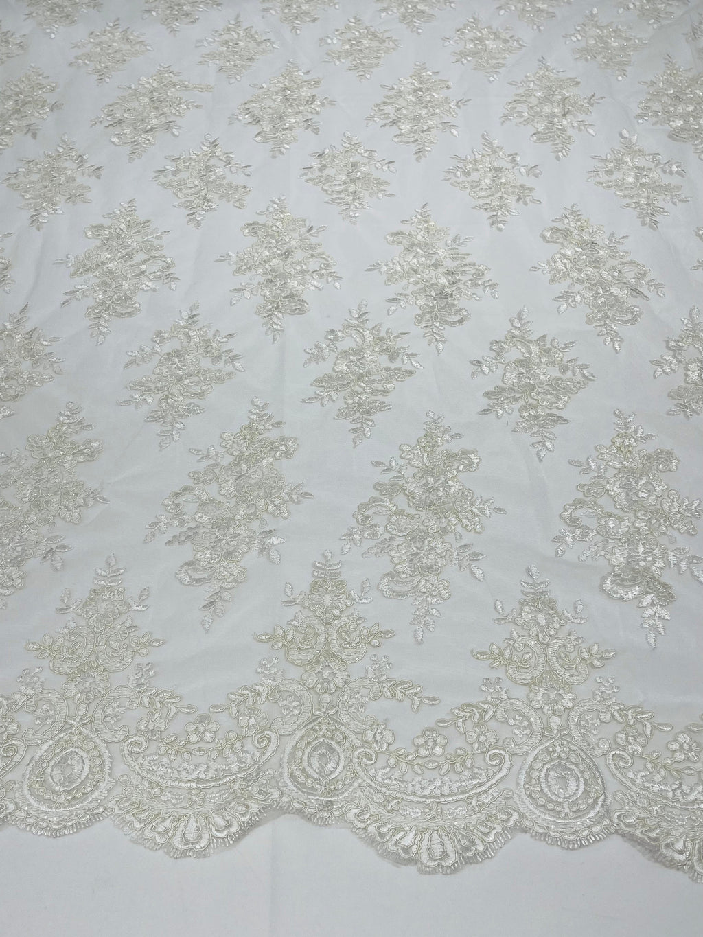 Ivory/off white Floral Lace Fabric by the yard Corded Flower Embroidery Design With Sequins on a Mesh