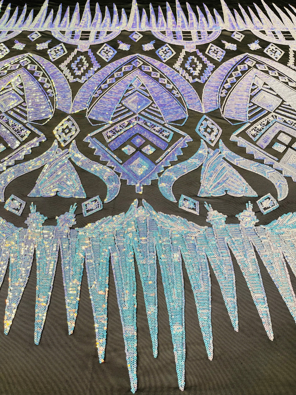 Aqua Iridescent Sequin Fabric, by the yard - Black Mesh 4 Way Stretch Aztec Design