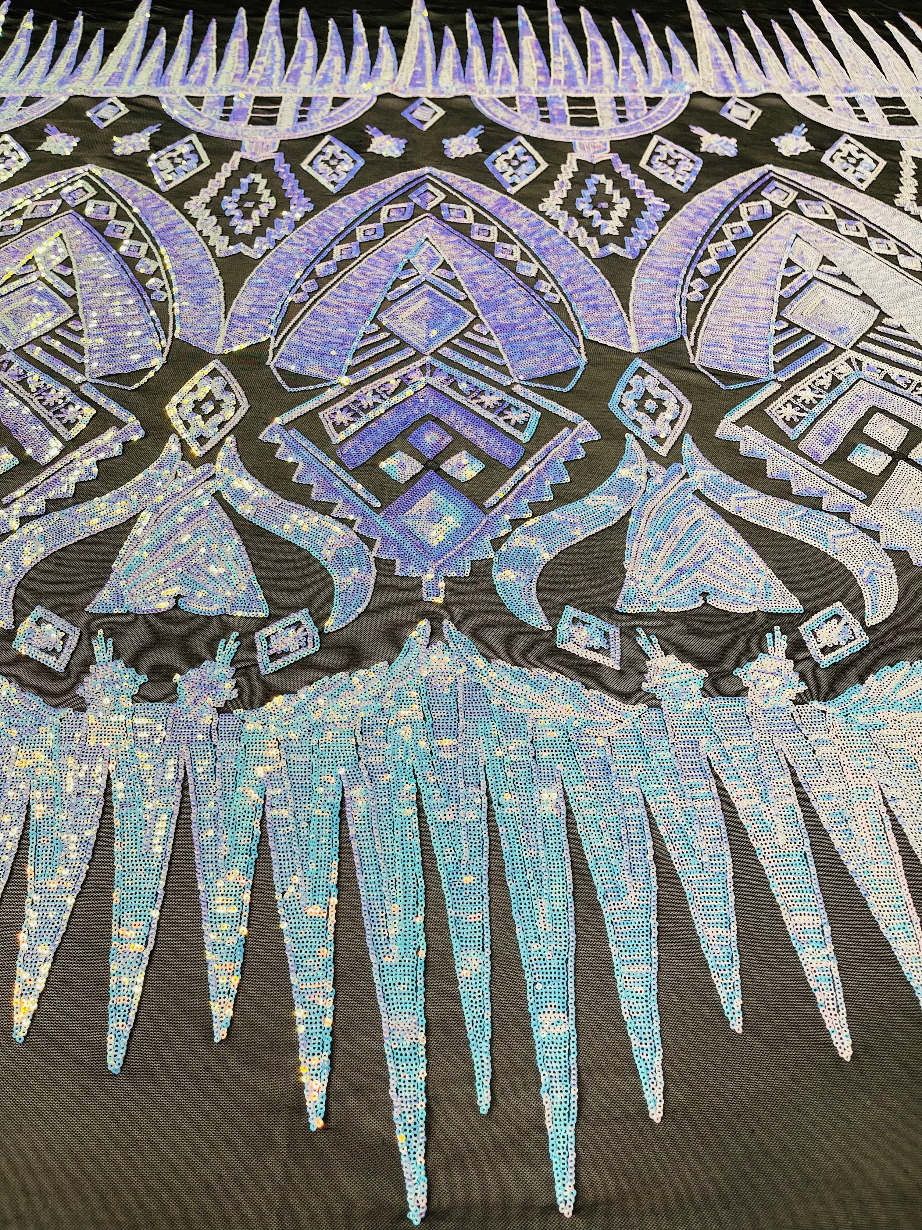 Aqua Iridescent Sequin Fabric, by the yard - Black Mesh 4 Way Stretch Aztec Design