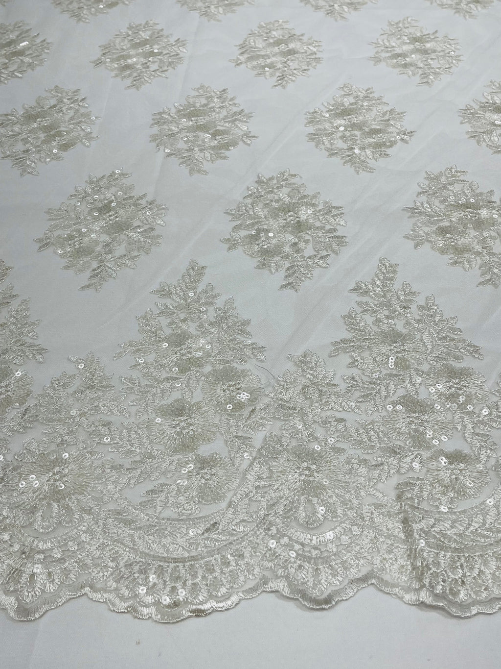 Floral Lace Fabric - Off-White - Flower Cluster Embroidery Design With Sequins on a Mesh