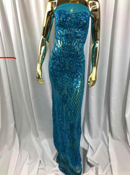 3 Yards Sequins - Turquoise- 4 Way Stretch Fancy Fabric Embroidered On Mesh