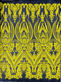 Big Damask Sequins Fabric - Yellow on Black - 4 Way Stretch Damask Sequins Design Fabric By Yard