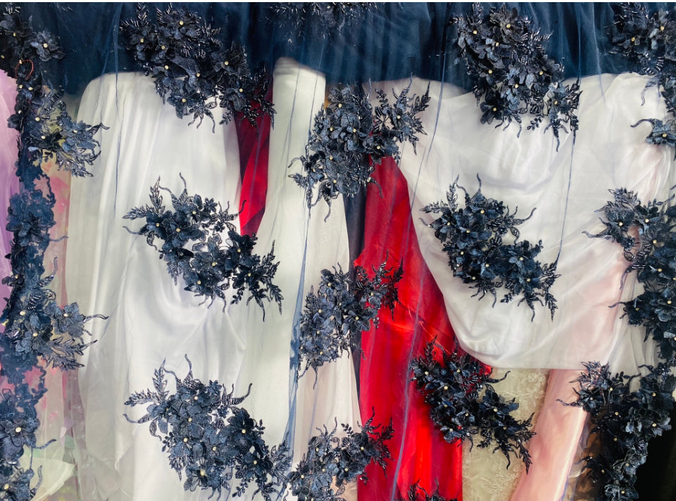 Navy Blue Floral - 3D Beaded Embroidery Fabric with Rhinestones - Beautiful Design by The Yard