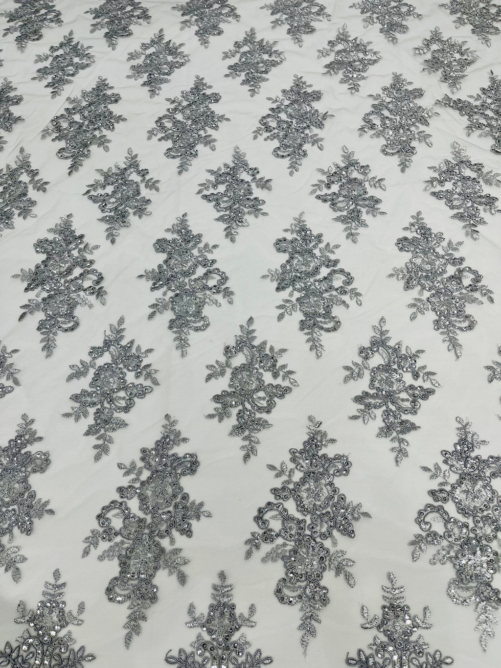 Silver Floral Lace Fabric by the yard Corded Flower Embroidery Design With Sequins on a Mesh
