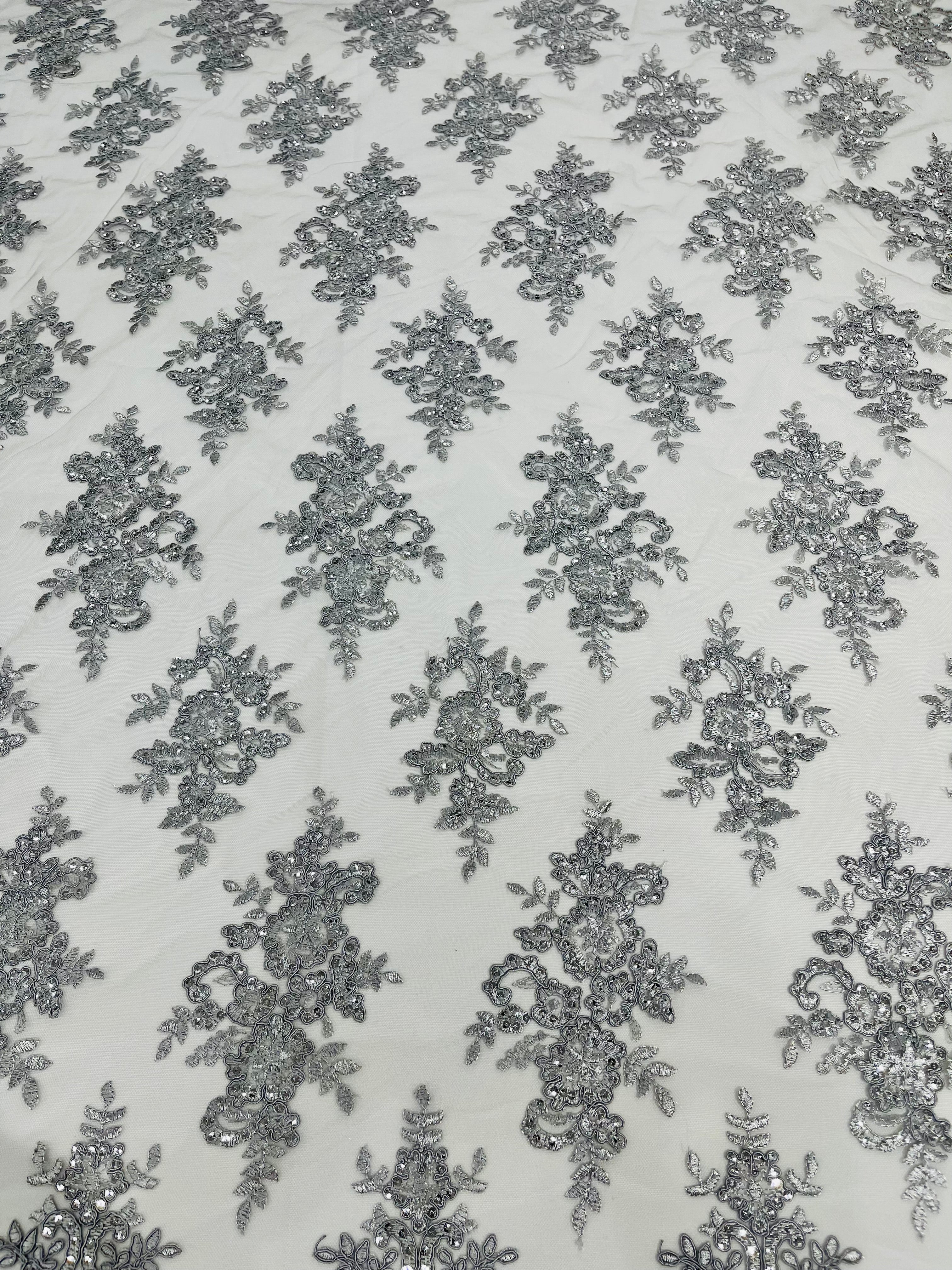 Silver Floral Lace Fabric by the yard Corded Flower Embroidery Design With Sequins on a Mesh