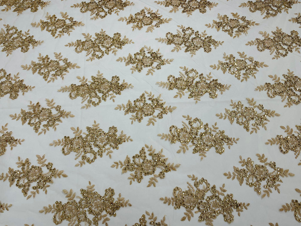 Metallic Gold/Skin Mesh Floral Lace Fabric by the yard Corded Flower Embroidery Design With Sequins