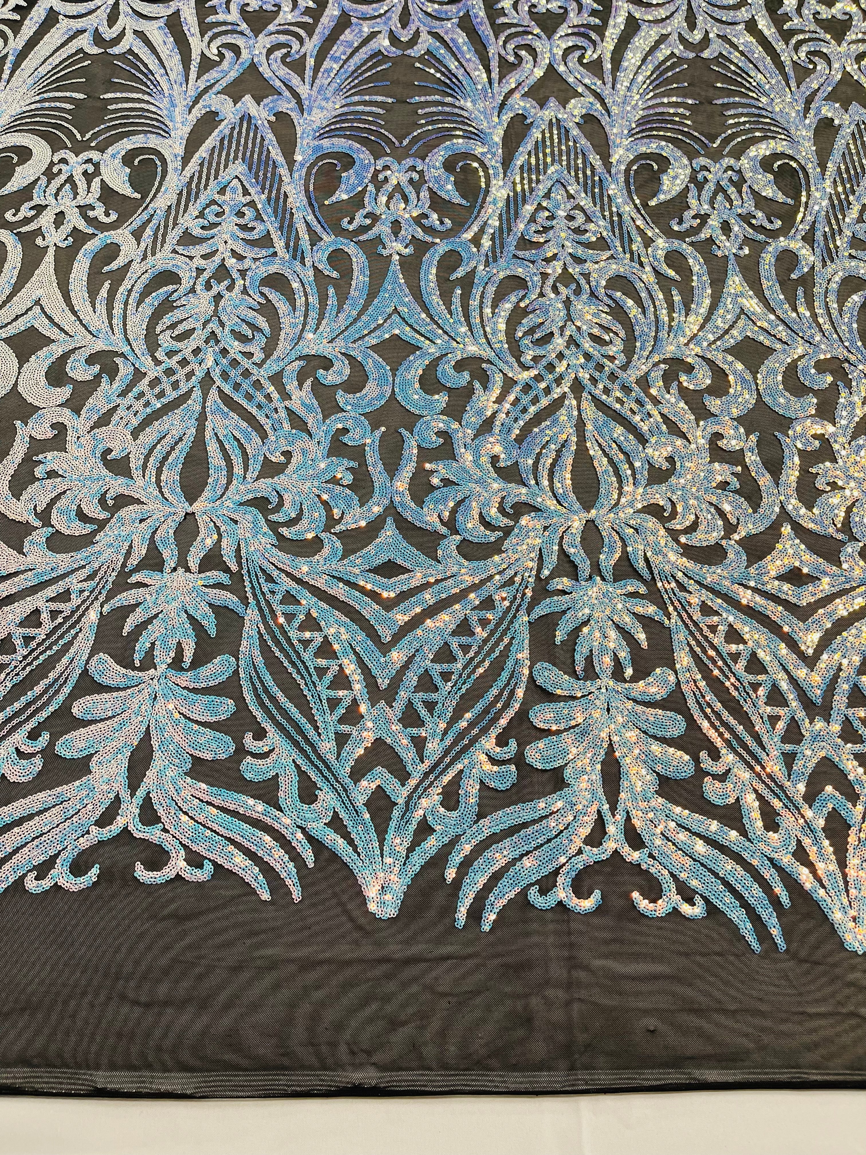 Aqua/Blue Iridescent Sequin Fabric - by the yard - On Mesh 4 Way Stretch, Damask Design Sequins