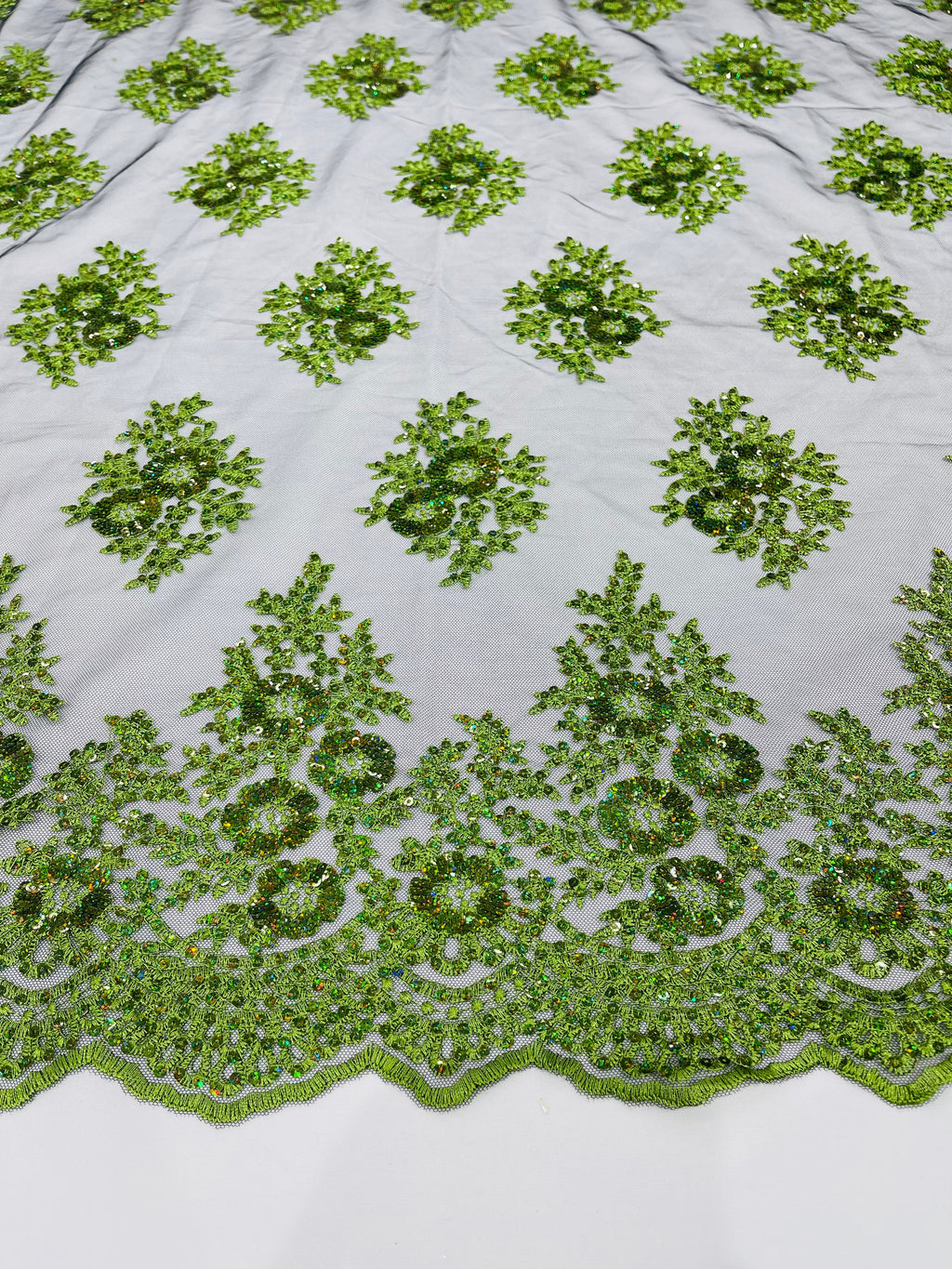 Floral Lace Fabric - Green on Black Mesh - Flower Cluster Embroidery Design With Sequins on a Mesh