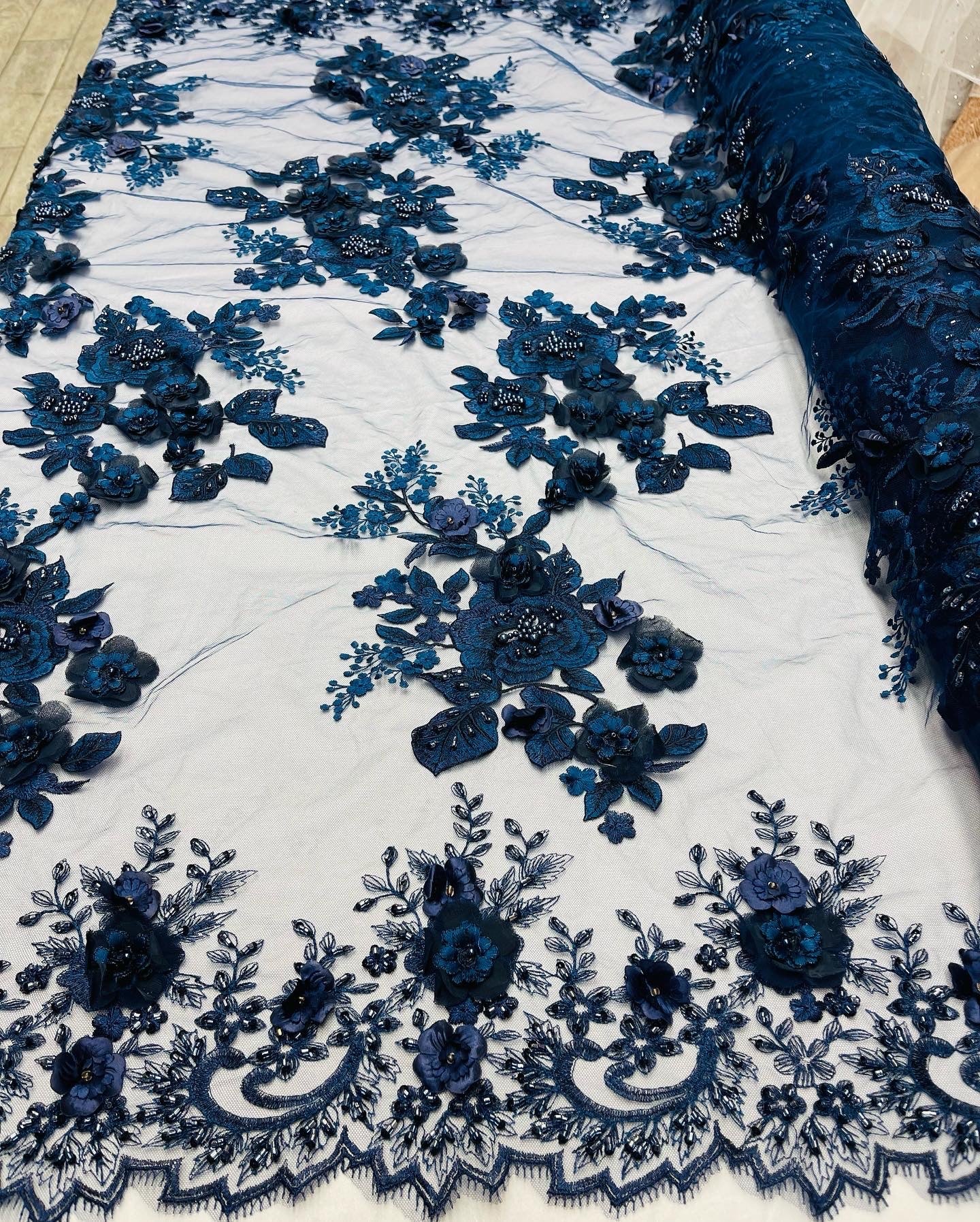 NAVY BLUE Flower 3D Fabric - by the Yard - Embroided Fabric Flower Pearls and Beaded Fabric