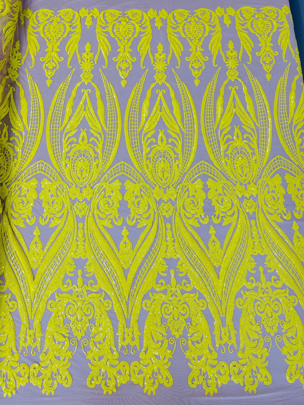 Big Damask Sequins Fabric - Yellow on Nude - 4 Way Stretch Damask Sequins Design Fabric By Yard