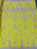Big Damask Sequins Fabric - Yellow on Nude - 4 Way Stretch Damask Sequins Design Fabric By Yard