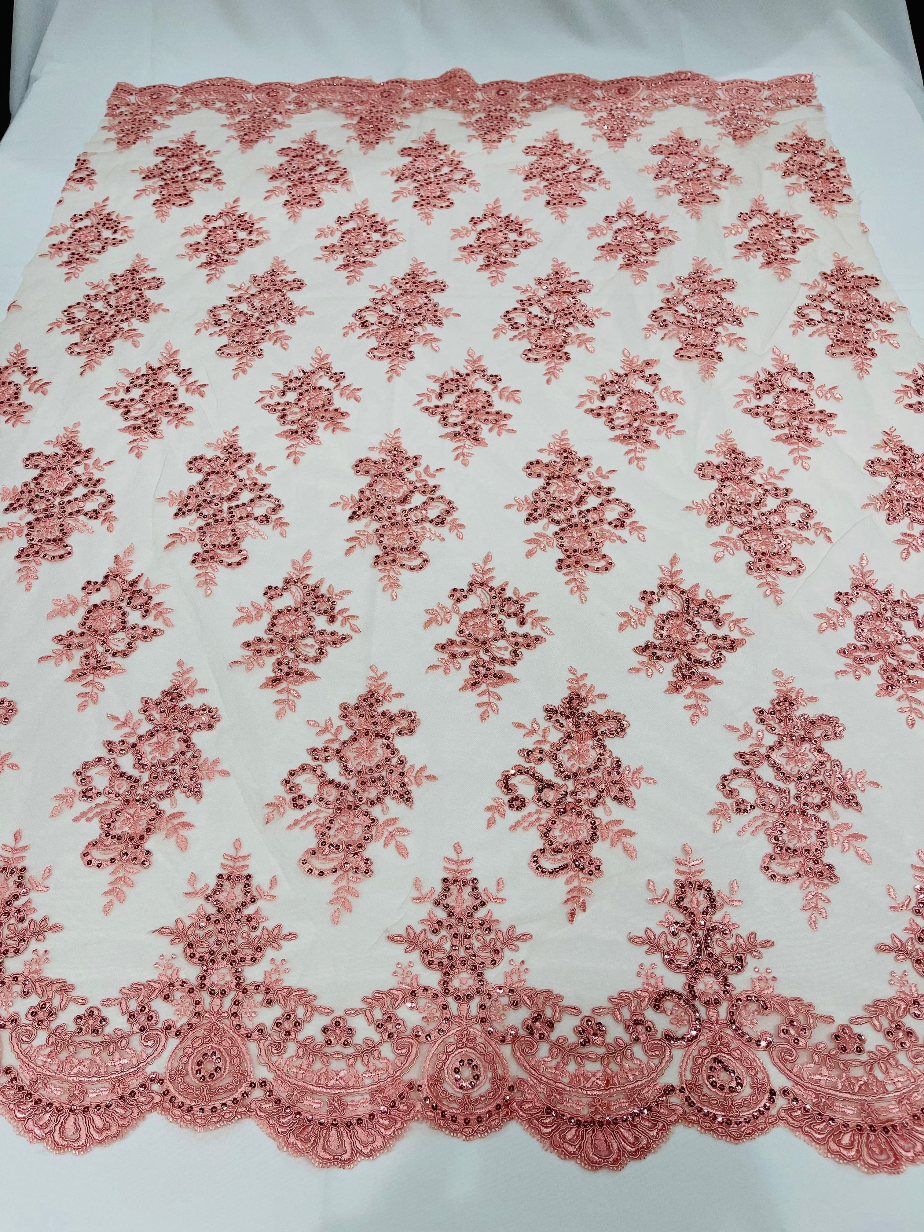 Lt Coral Floral Lace Fabric - by the yard - Corded Flower Embroidery Design With Sequins on a Mesh
