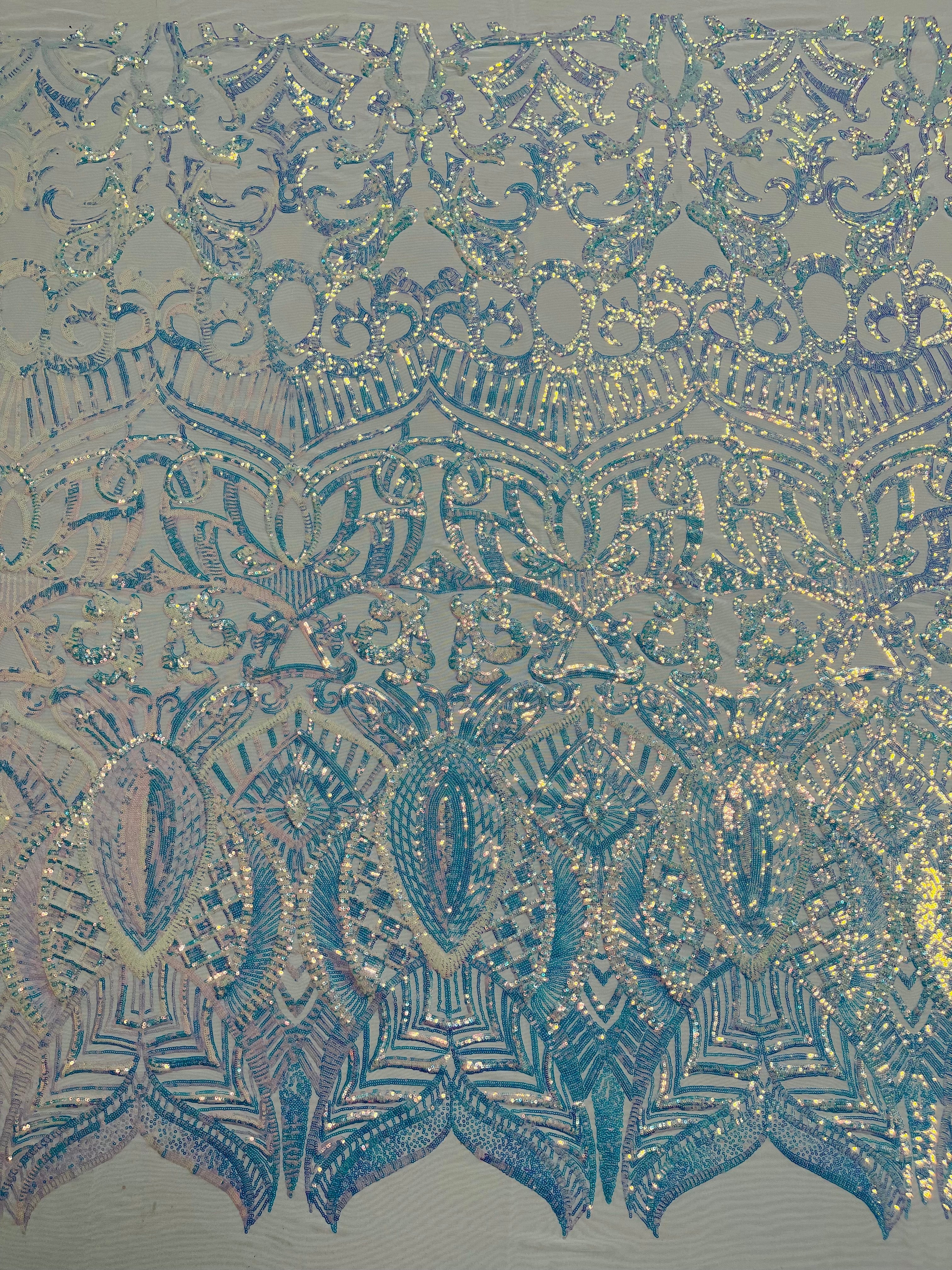 Clear Iridescent Sequin Fabric - 4 Way Stretch Embroidered Royalty Sequins Design Fabric By Yard