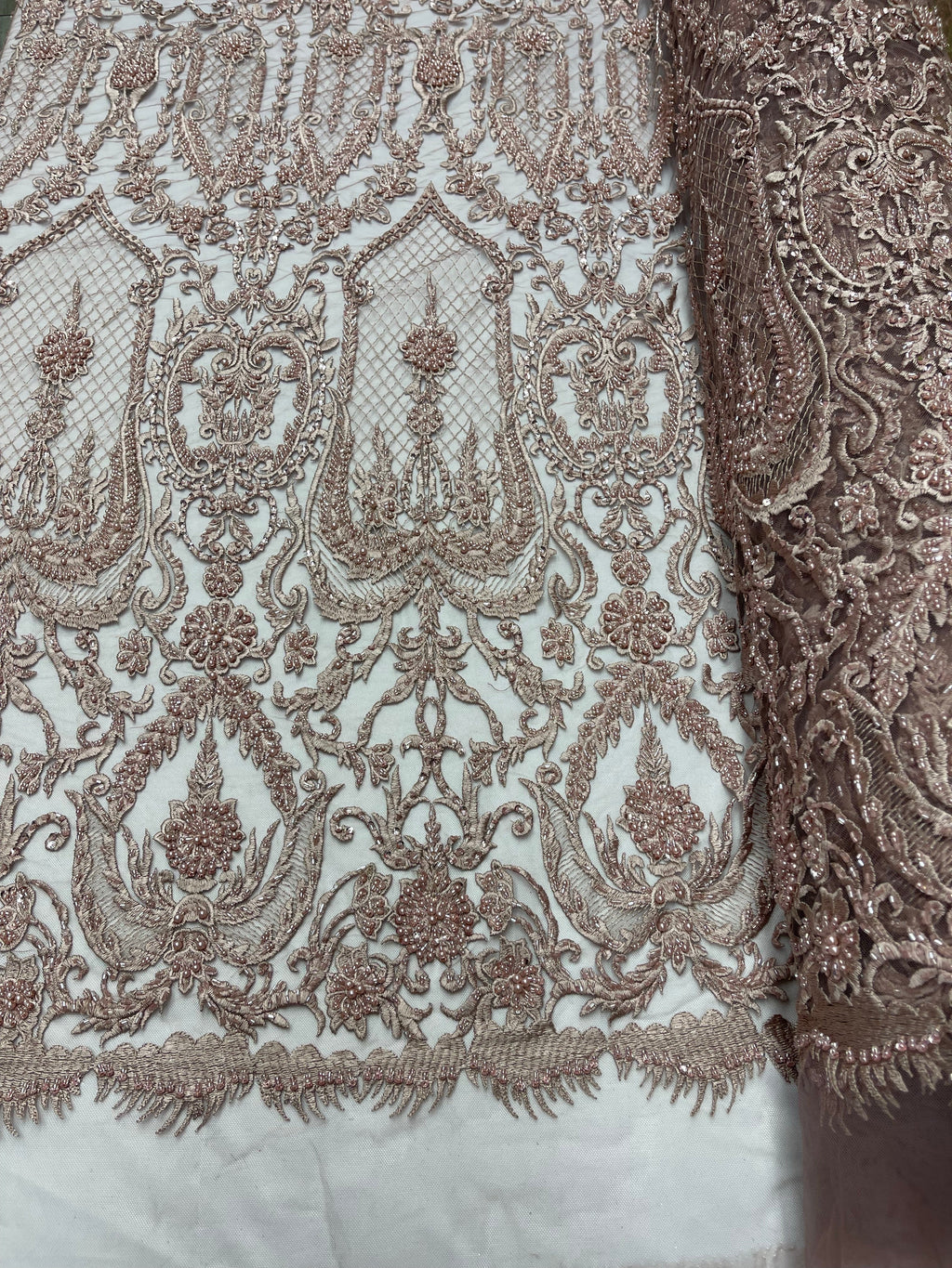 Mauve Beaded Damask Fabric - by the yard - Embroidered with Beads and Sequins on Mesh Fabric