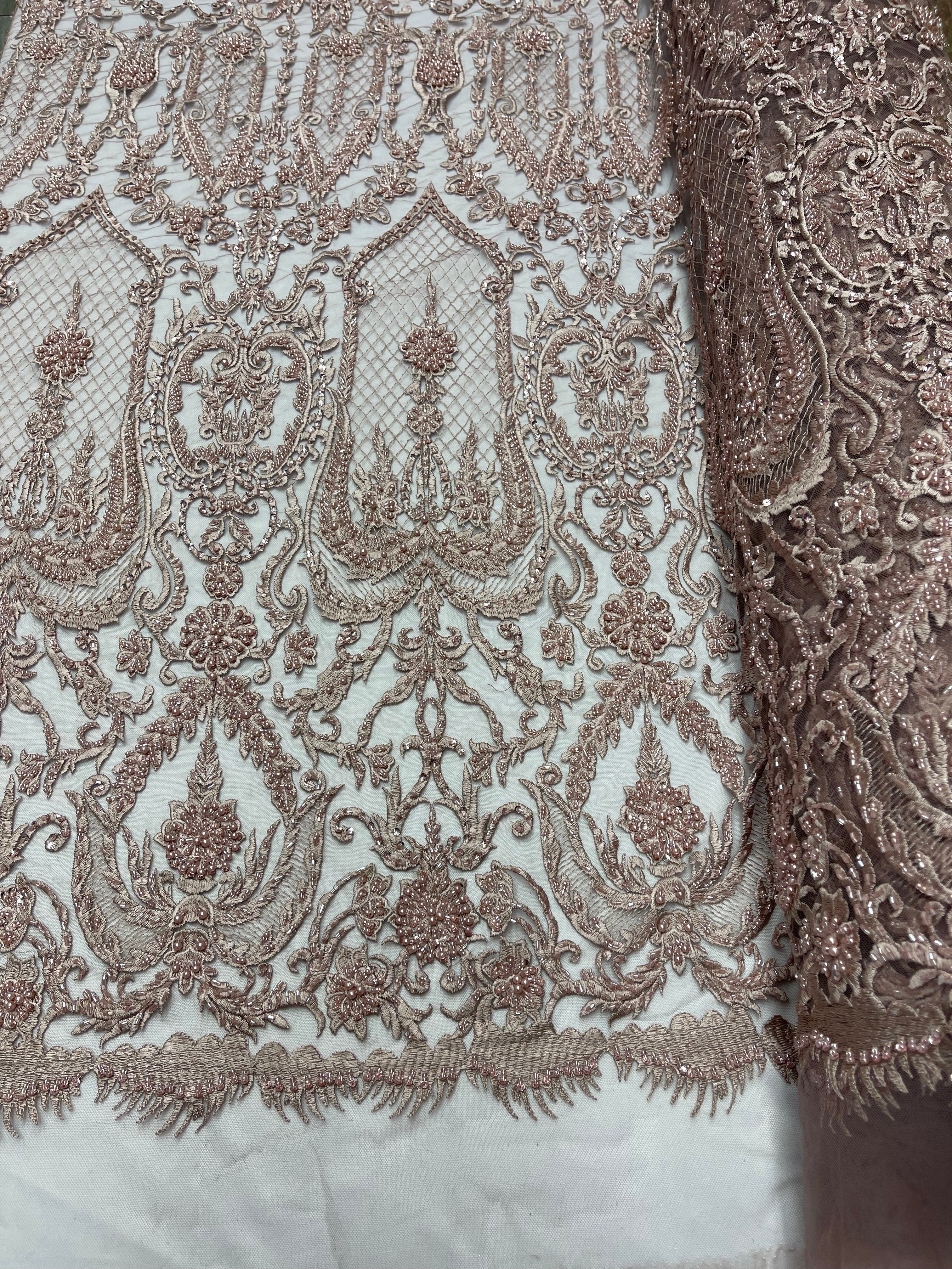Mauve Beaded Damask Fabric - by the yard - Embroidered with Beads and Sequins on Mesh Fabric