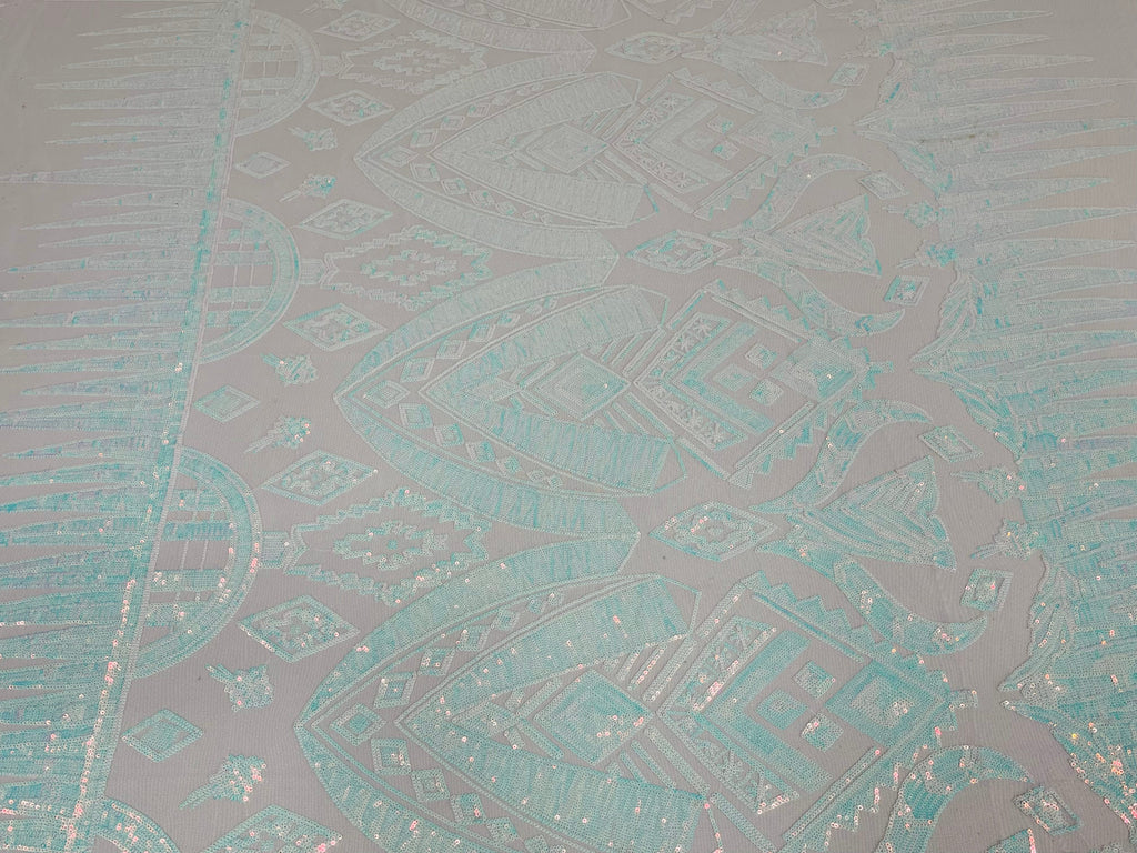 BLue/White Iridescent Sequin Fabric, by the yard - White Mesh 4 Way Stretch Aztec Design