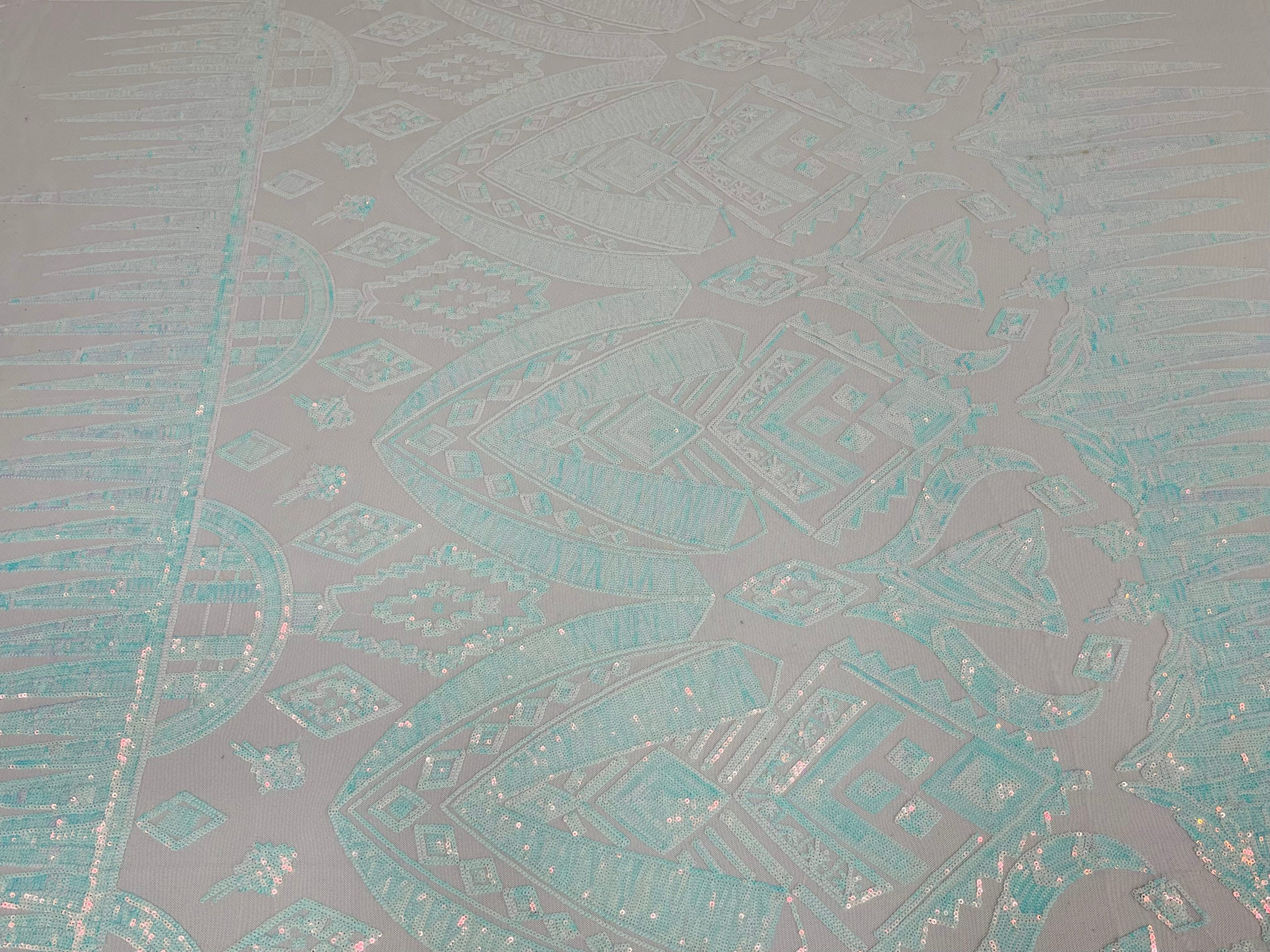 BLue/White Iridescent Sequin Fabric, by the yard - White Mesh 4 Way Stretch Aztec Design