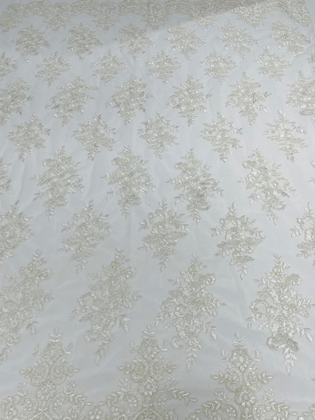 Ivory/off white Floral Lace Fabric by the yard Corded Flower Embroidery Design With Sequins on a Mesh