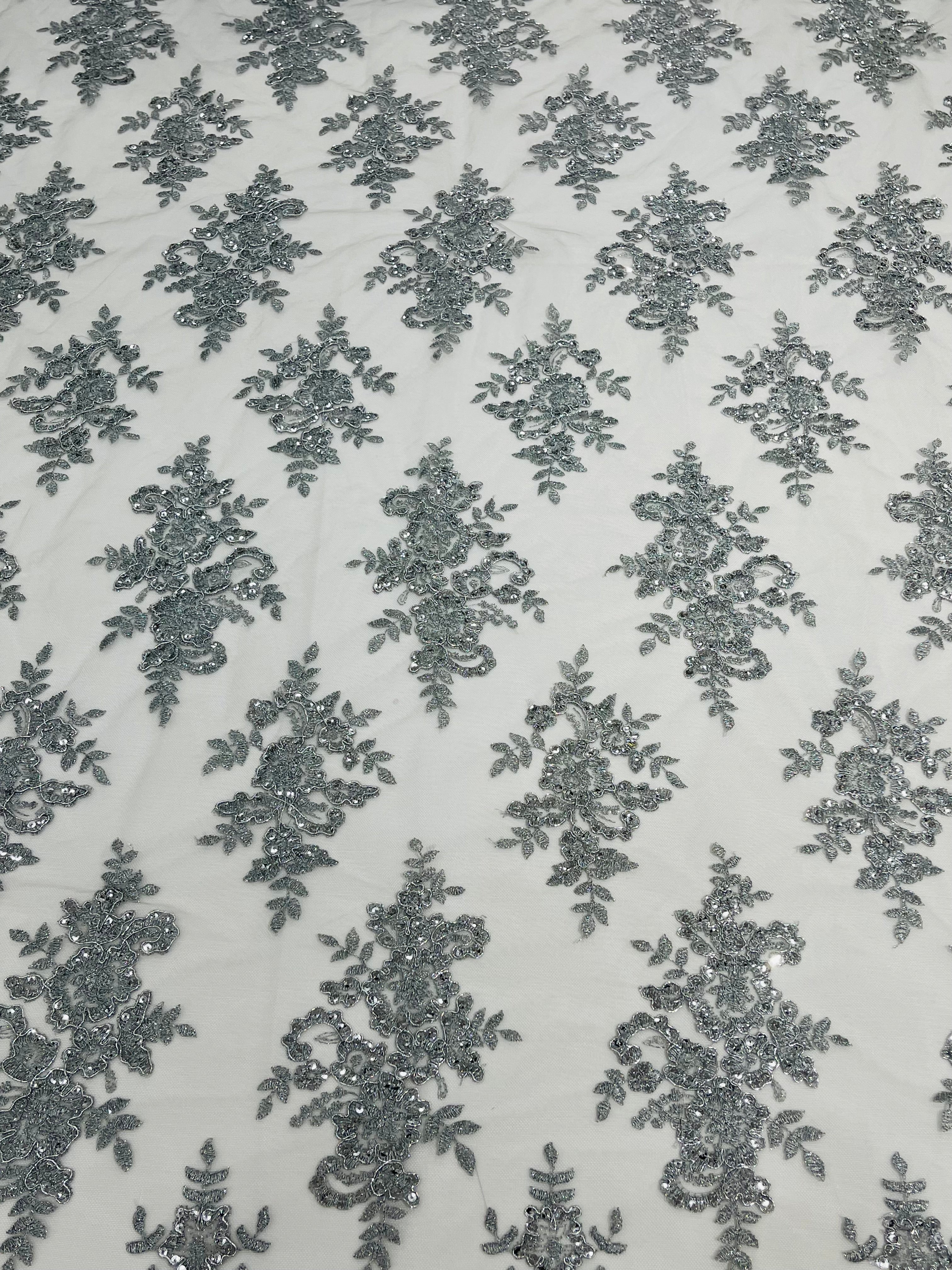 Metallic Silver Floral Lace Fabric by the yard Corded Flower Embroidery Design With Sequins on a Mesh