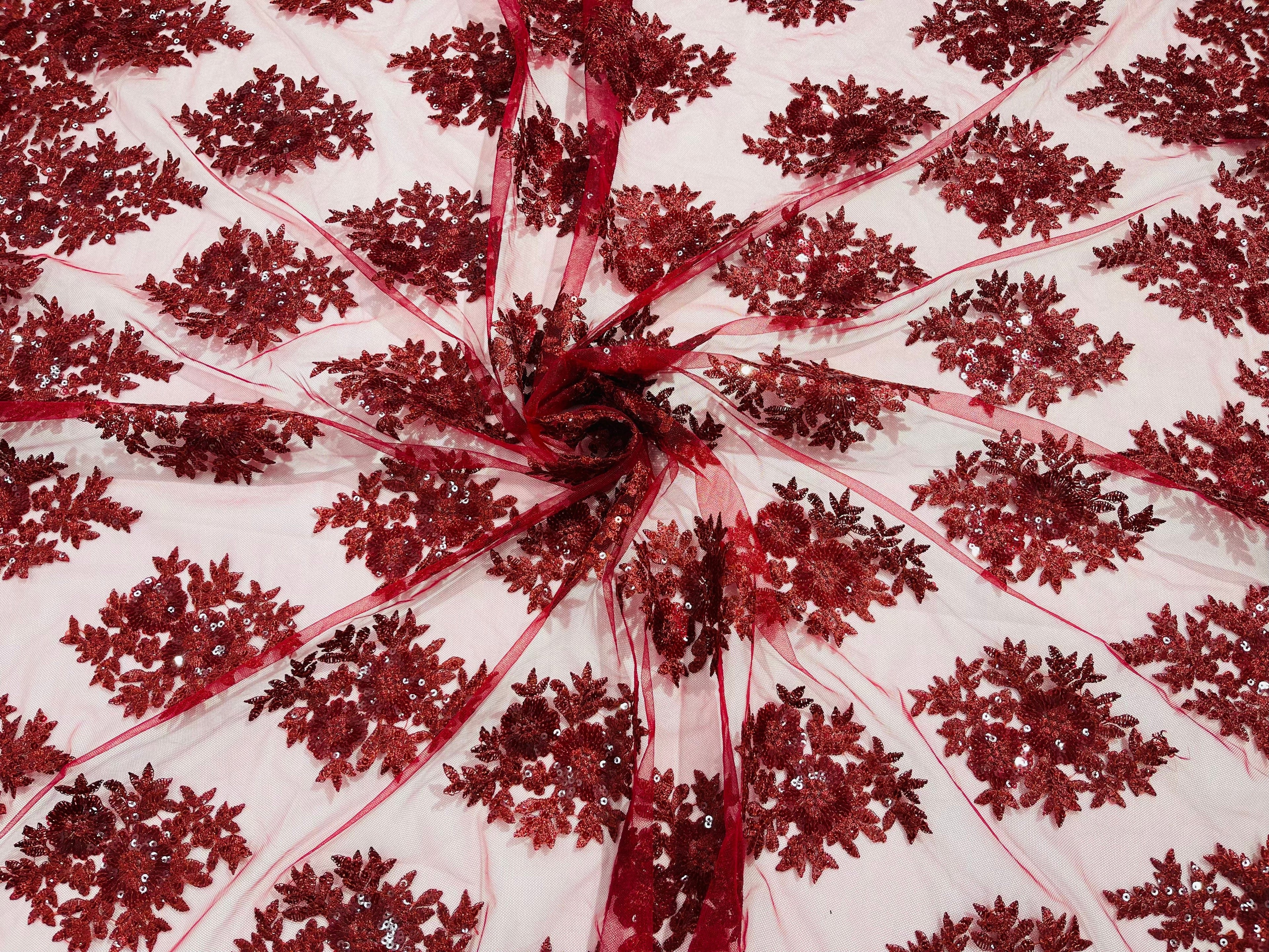 Floral Lace Fabric - Burgundy - Flower Cluster Embroidery Design With Sequins on a Mesh