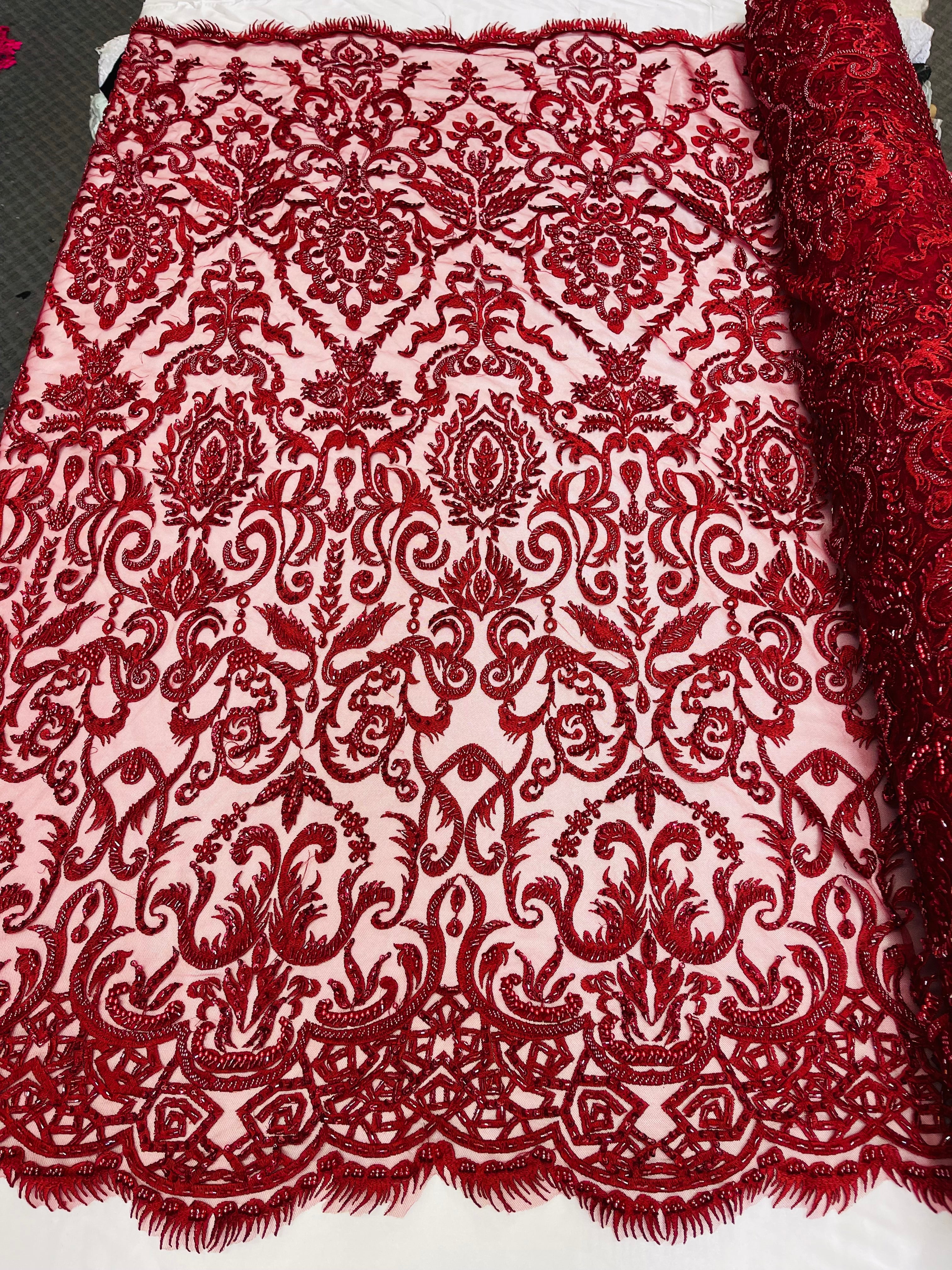 Burgundy Bridal Lace Hand Beaded Embroidered Floral Fabric - by the yard - Wedding Beaded Fabric