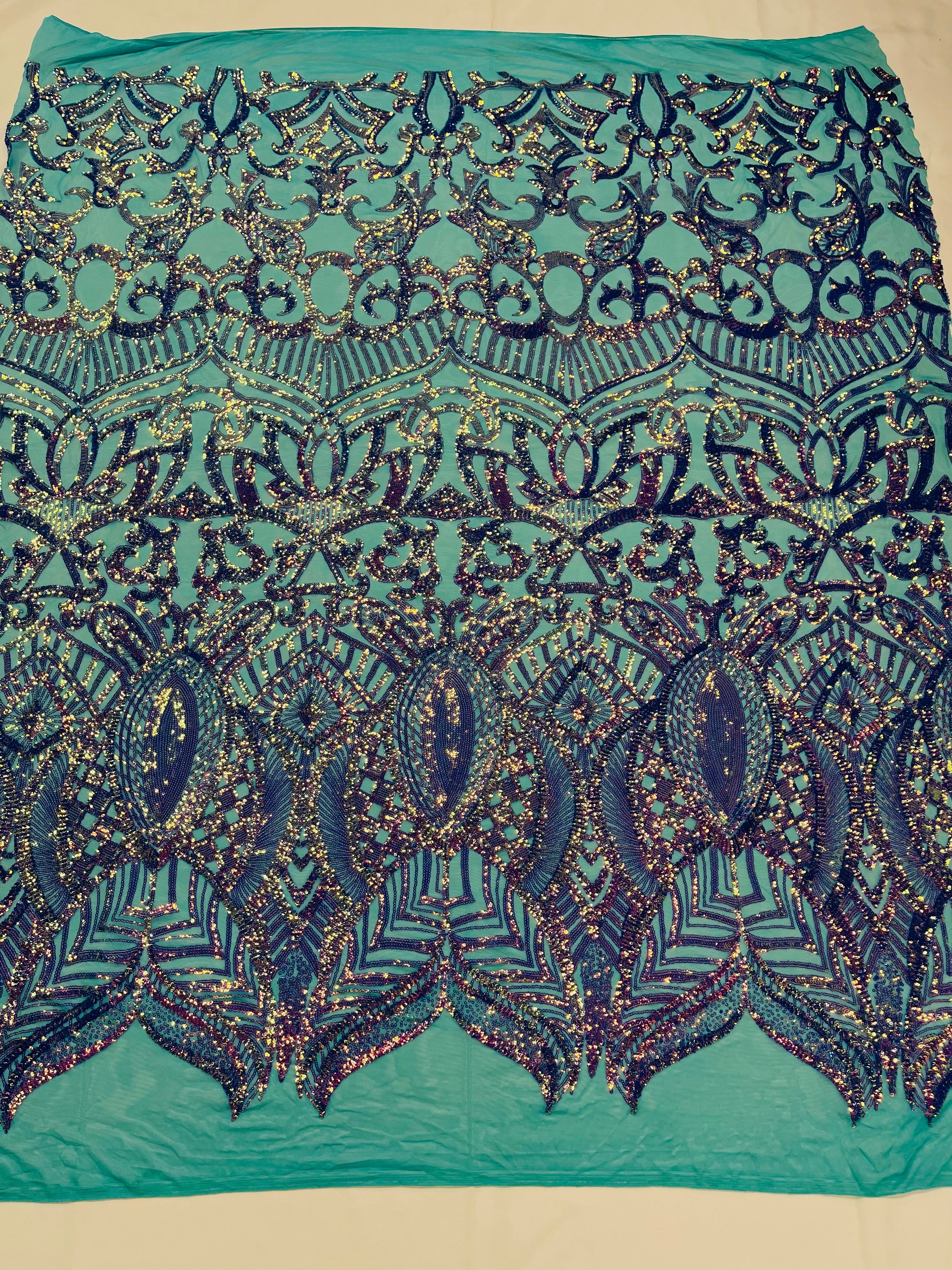 Lavender Iridescent - 4 Way Stretch Embroidered Royalty Sequins Design Fabric By Yard