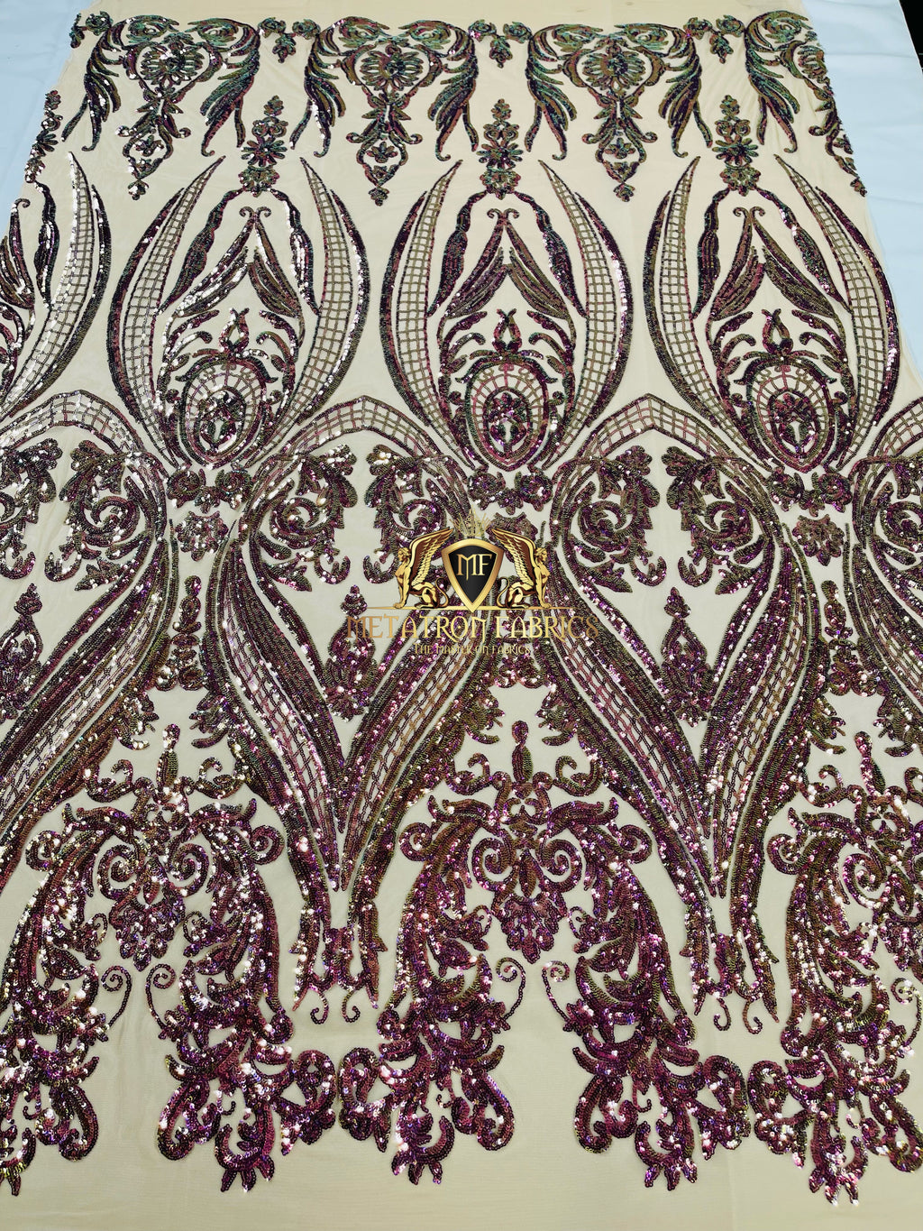Big Damask Sequins Fabric - Purple Iridescent - 4 Way Stretch Damask Sequins Design Fabric By Yard