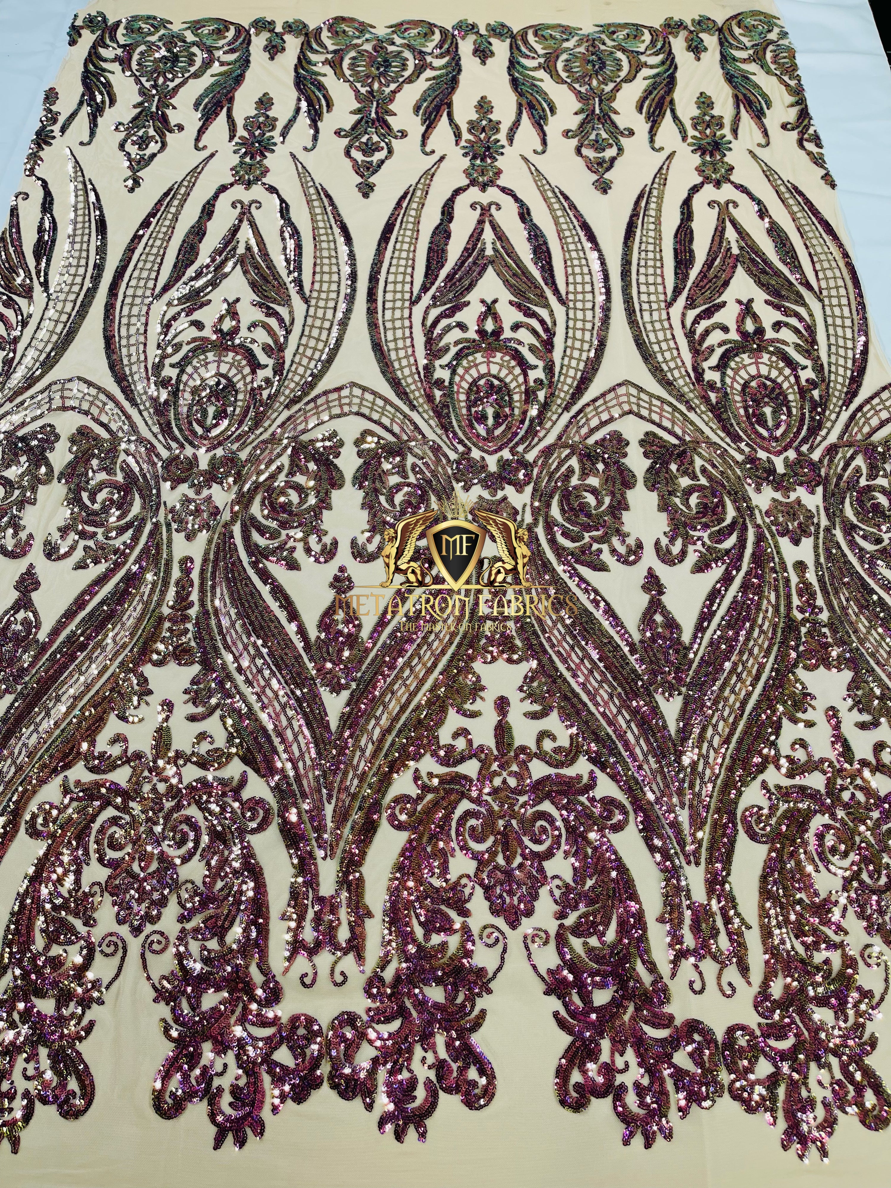 Big Damask Sequins Fabric - Purple Iridescent - 4 Way Stretch Damask Sequins Design Fabric By Yard