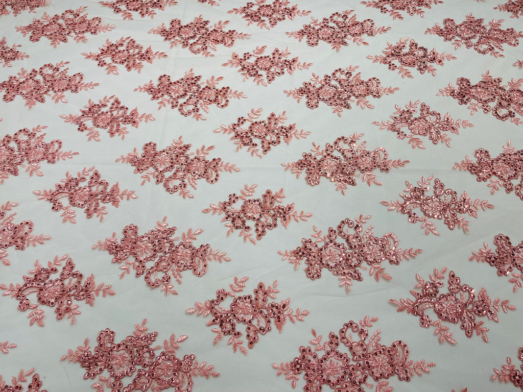 Lt Coral Floral Lace Fabric - by the yard - Corded Flower Embroidery Design With Sequins on a Mesh