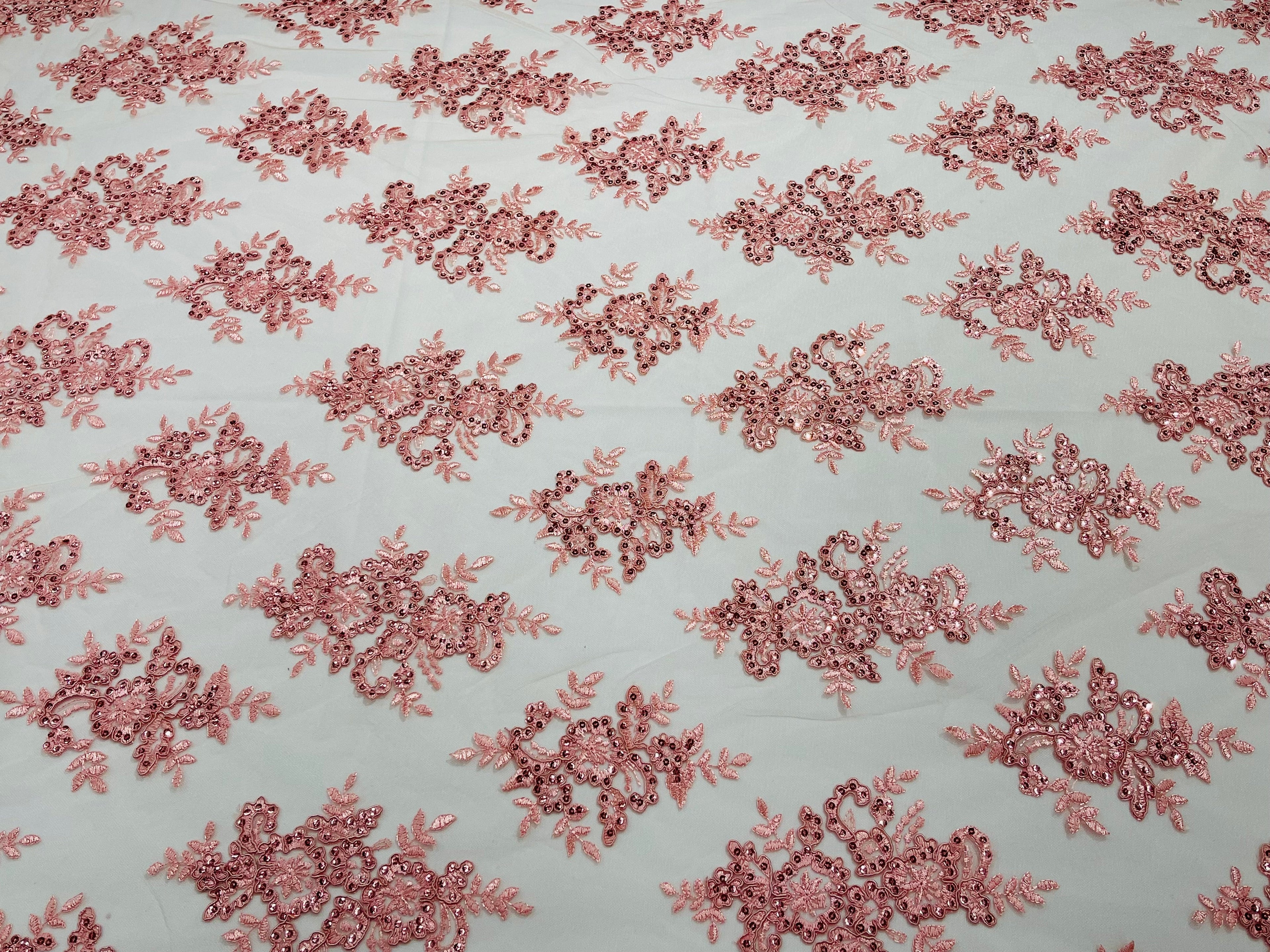 Lt Coral Floral Lace Fabric - by the yard - Corded Flower Embroidery Design With Sequins on a Mesh