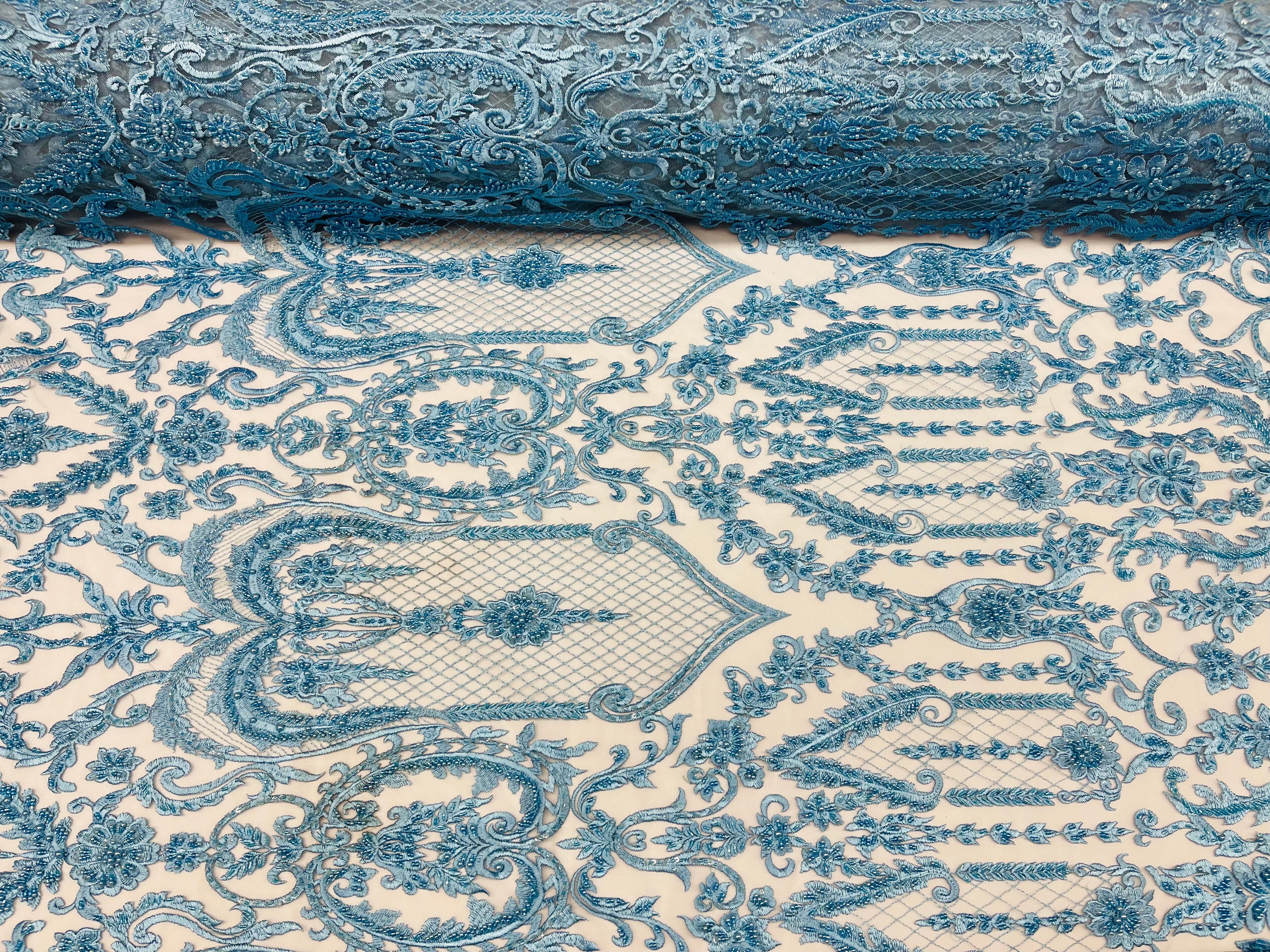 Blue Beaded Damask Fabric - by the yard - Embroidered with Beads and Sequins on Mesh Fabric