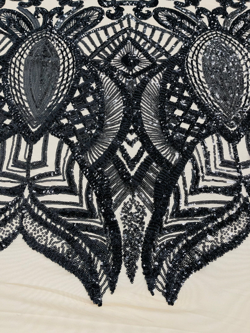 Black - 4 Way Stretch Embroidered Royalty Sequins Design Fabric By Yard