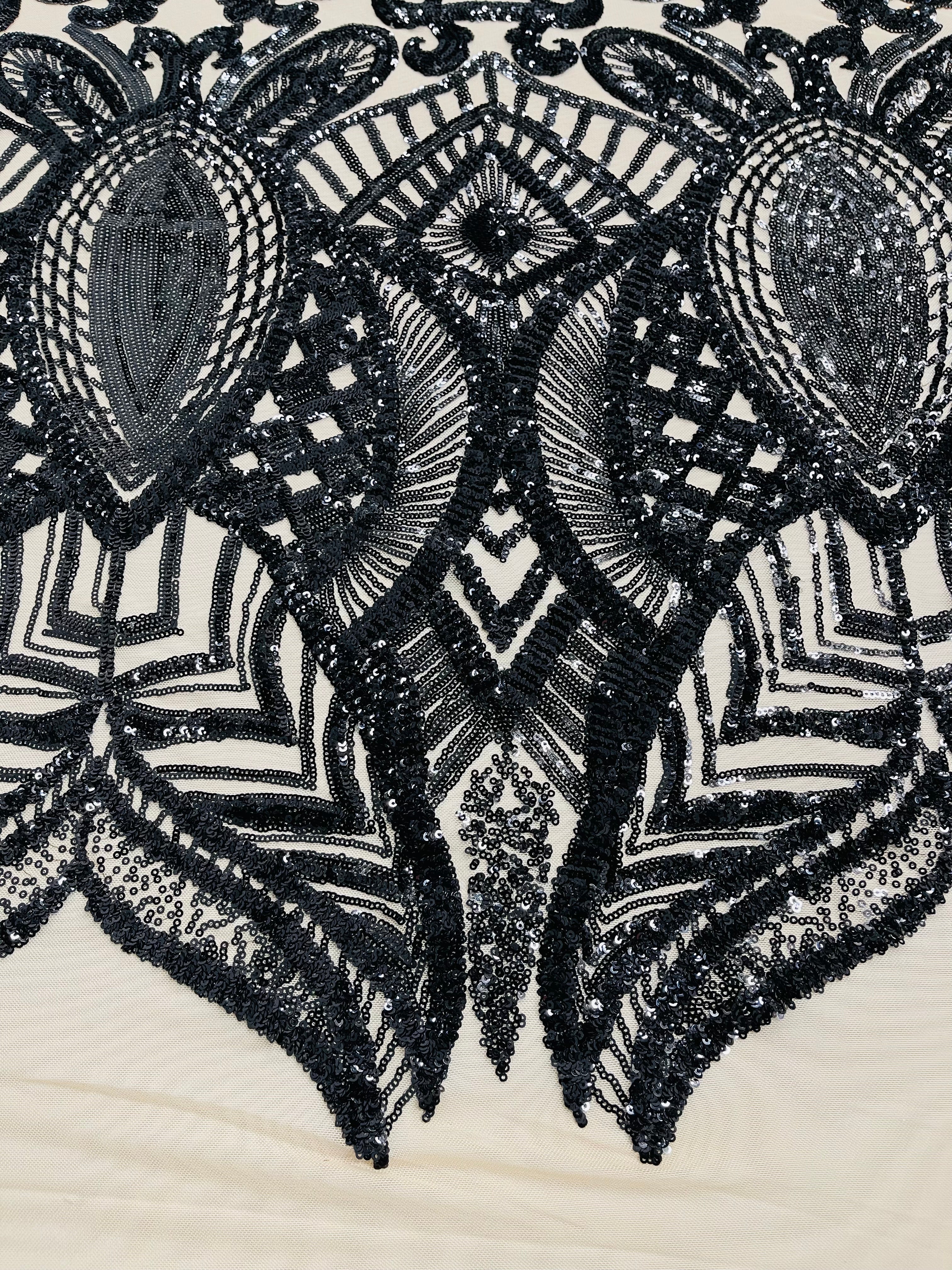 Black - 4 Way Stretch Embroidered Royalty Sequins Design Fabric By Yard