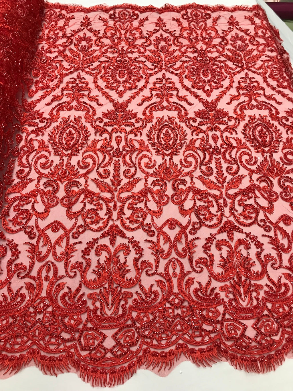 Bridal Lace Hand Beaded Embroidered Floral Fabric - by the yard - Wedding Beaded Fabric